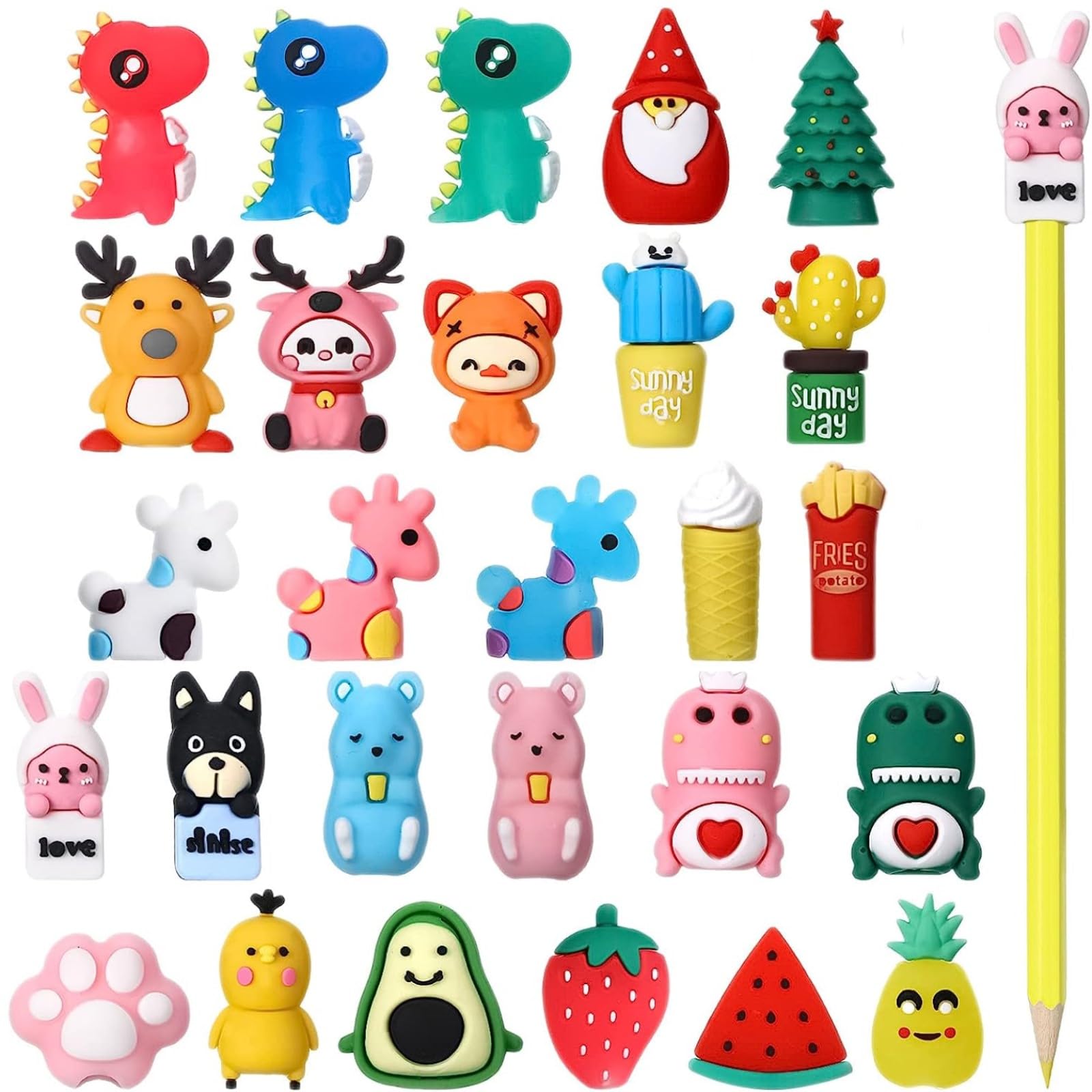 YUFFQOPC 30 Pcs Pencil Toppers Animal Pen Toppers Clip Lovely Silicone Dinosaur Pencil Cap Pencil Erasers Toppers for Office Kids Back to School Student Supplies Party Favors (Mixed Style)