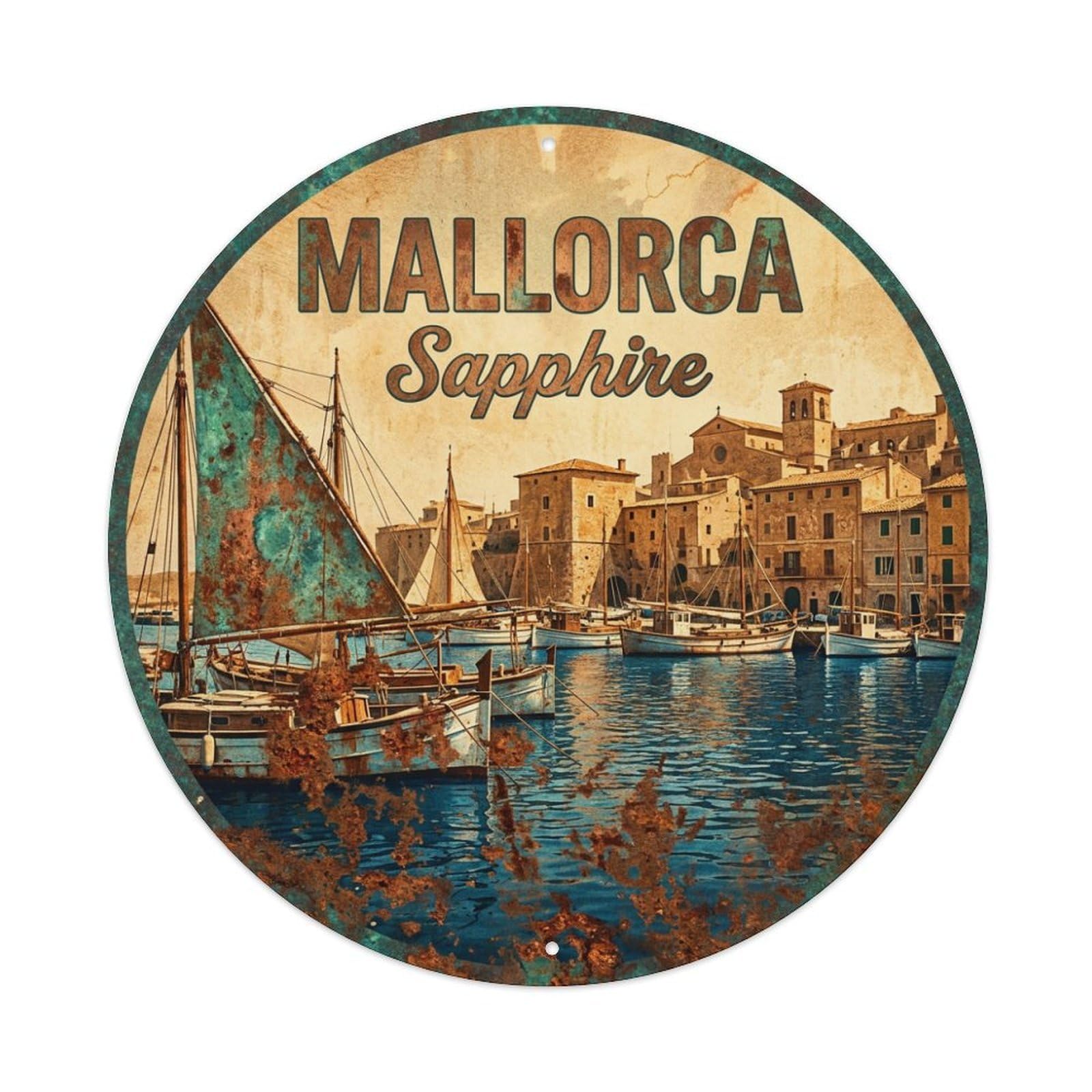 Fyrn Style Metal Tin Sign Vintage Travel Mallorca Spain Cerulean