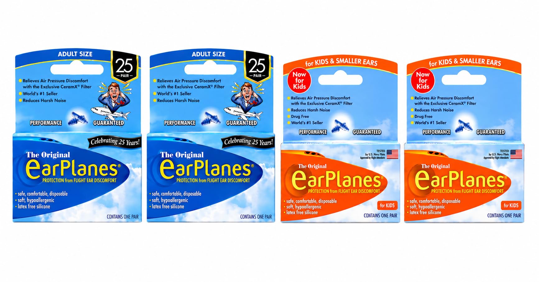 Family Flight Ear Plugs 4 Pair Combo Set for Adults & Kids | Prevent In Flight Ear Pain Discomfort and Pressure Changes During Airplane Travel | Noise Relief Silicone Ear Protection-image-1