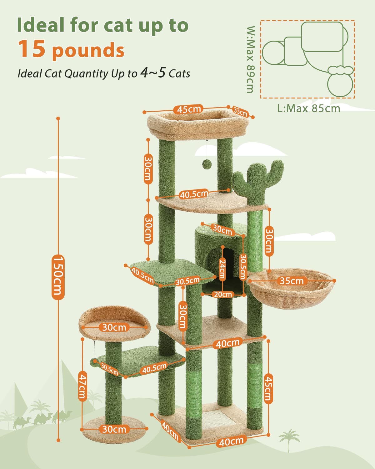 PETEPELA 110 cm Cactus Kattenboom voor Indoor Katten Groene Kat Toren met 2 Grote Condos, Hangmat, Sisal Krabpaal, Opknoping Pompo, Groen