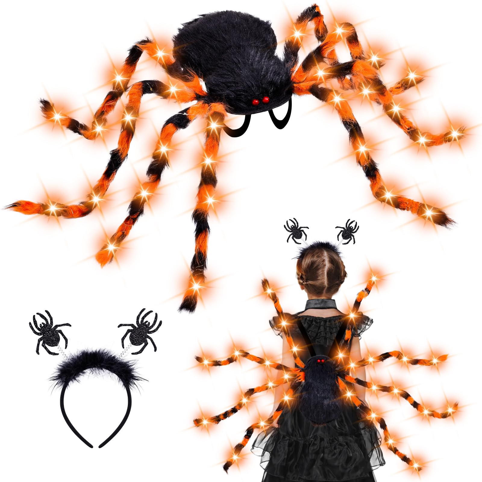 Halloween Giant Spider Costume for Kids Adults, 60 LED Halloween Plush Spider Candy Backpack Props with Halloween Spider Party Headband Topper Halloween Decorations Accessories- Battery Required