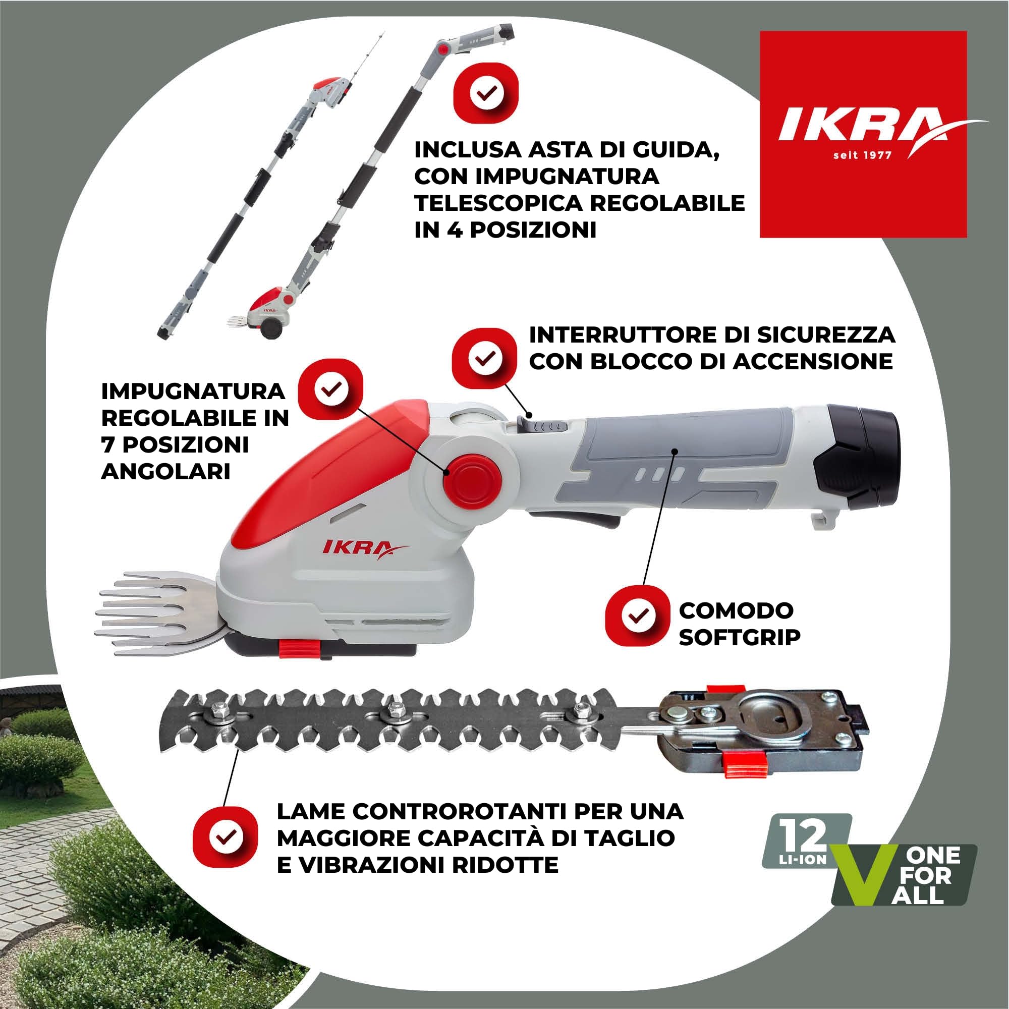 IKRA cesoie per erba e arbusti a batteria telescopiche IGBS 1210 F, incl. batteria 12V e caricabatteria, lame Made in Germany