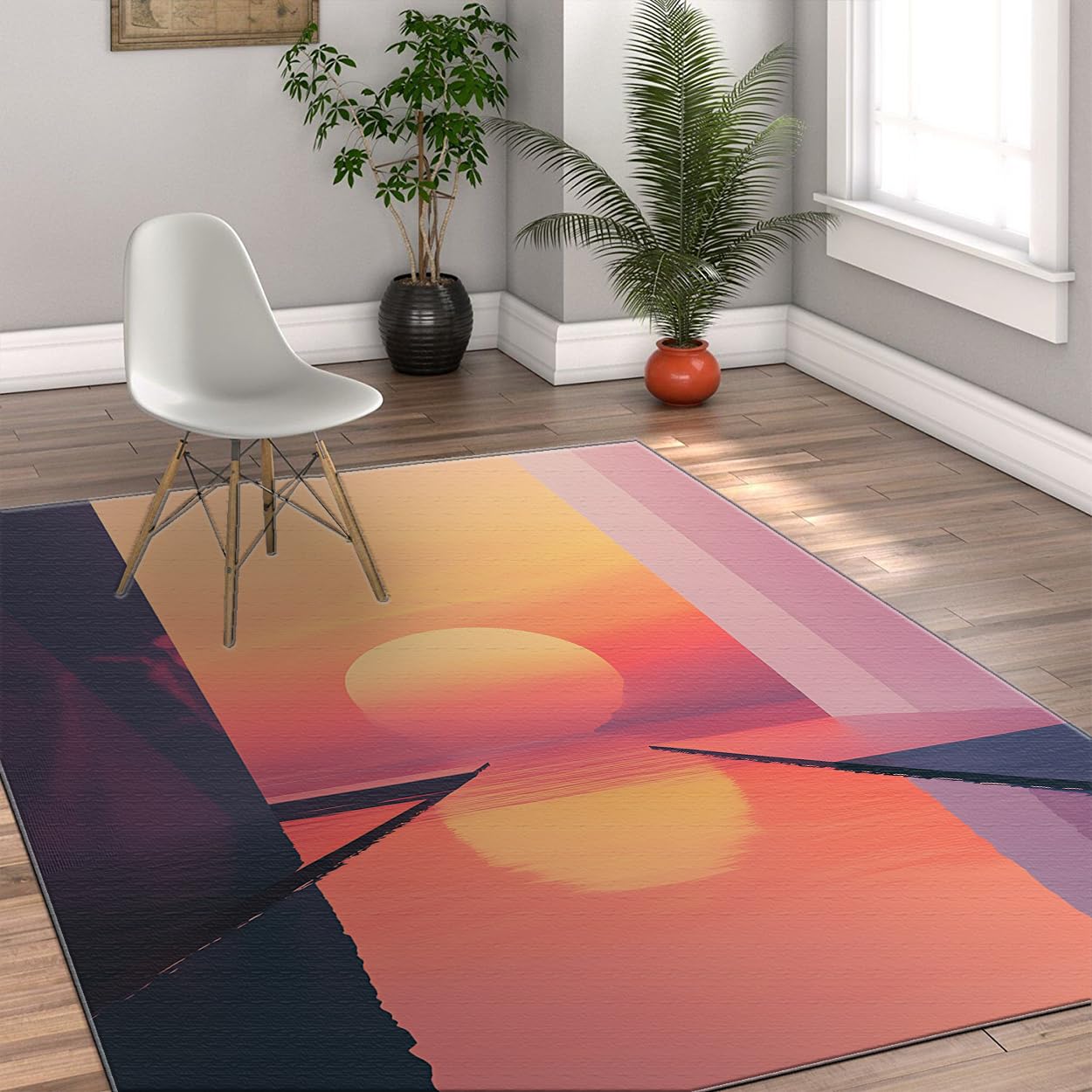 Tapis décoratif Sunset grand format 150x210 cm avec dégradé bleu rose et paillassons de porte