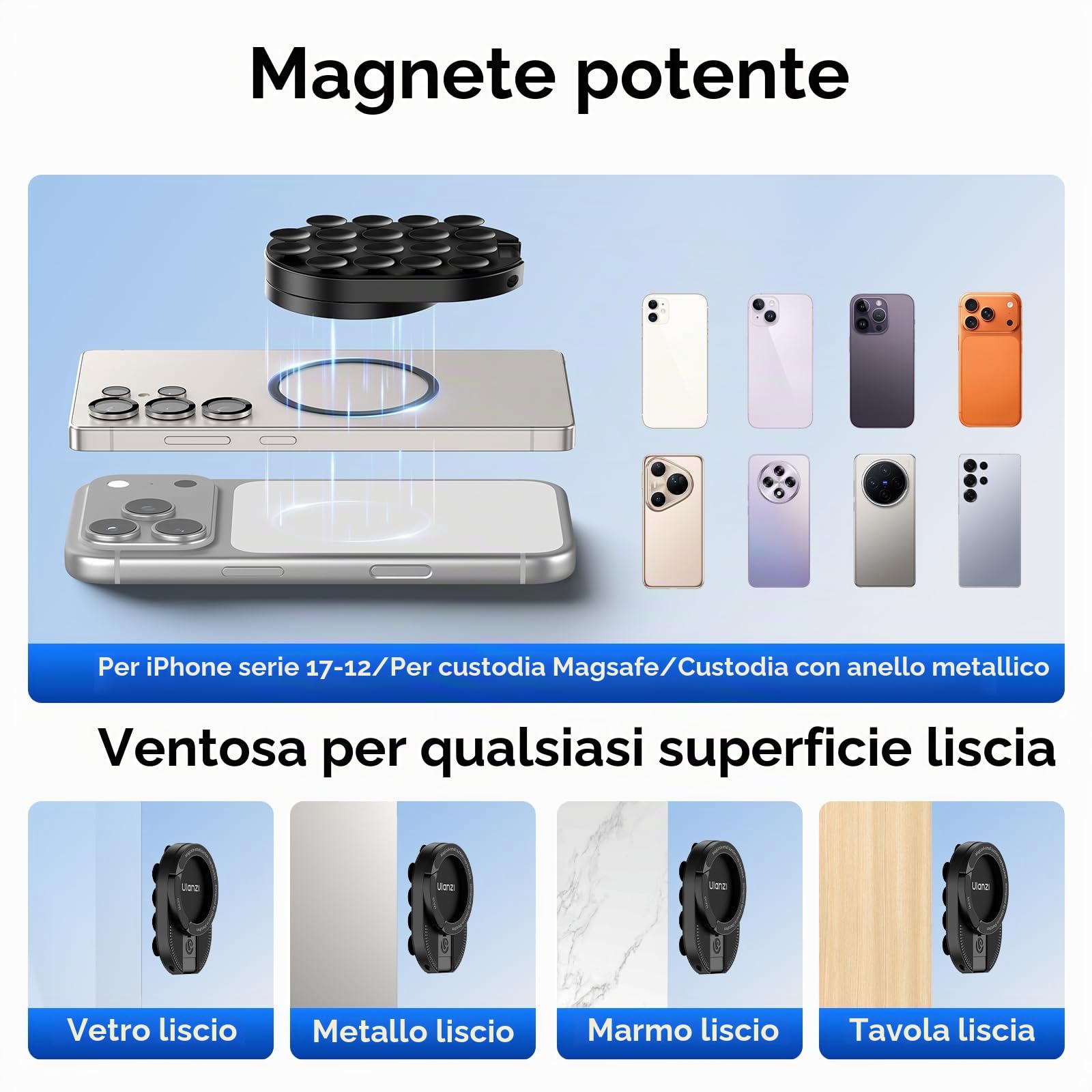 ULANZI MA39 Supporto magnetico a ventosa per telefono con moschettone maglock, Girevole a 360°in alluminio, Compatibile con iPhone 17/16/15/14/13/12, per TikTok, cucina, ufficio, video e selfie