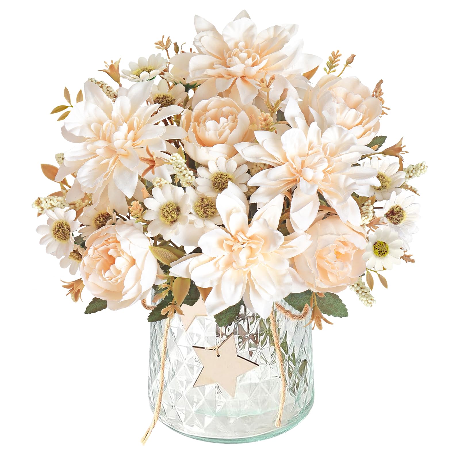 DEMIUKO 2 ‌Bunch‌es Artificial Flowers Fake Roses Flowers Bouquet Champagne Dahlia Daisy Faux Flower Arrangement Indoor Outdoor Floral Plants for Wedding Party Table Centerpieces Home Vase Decor