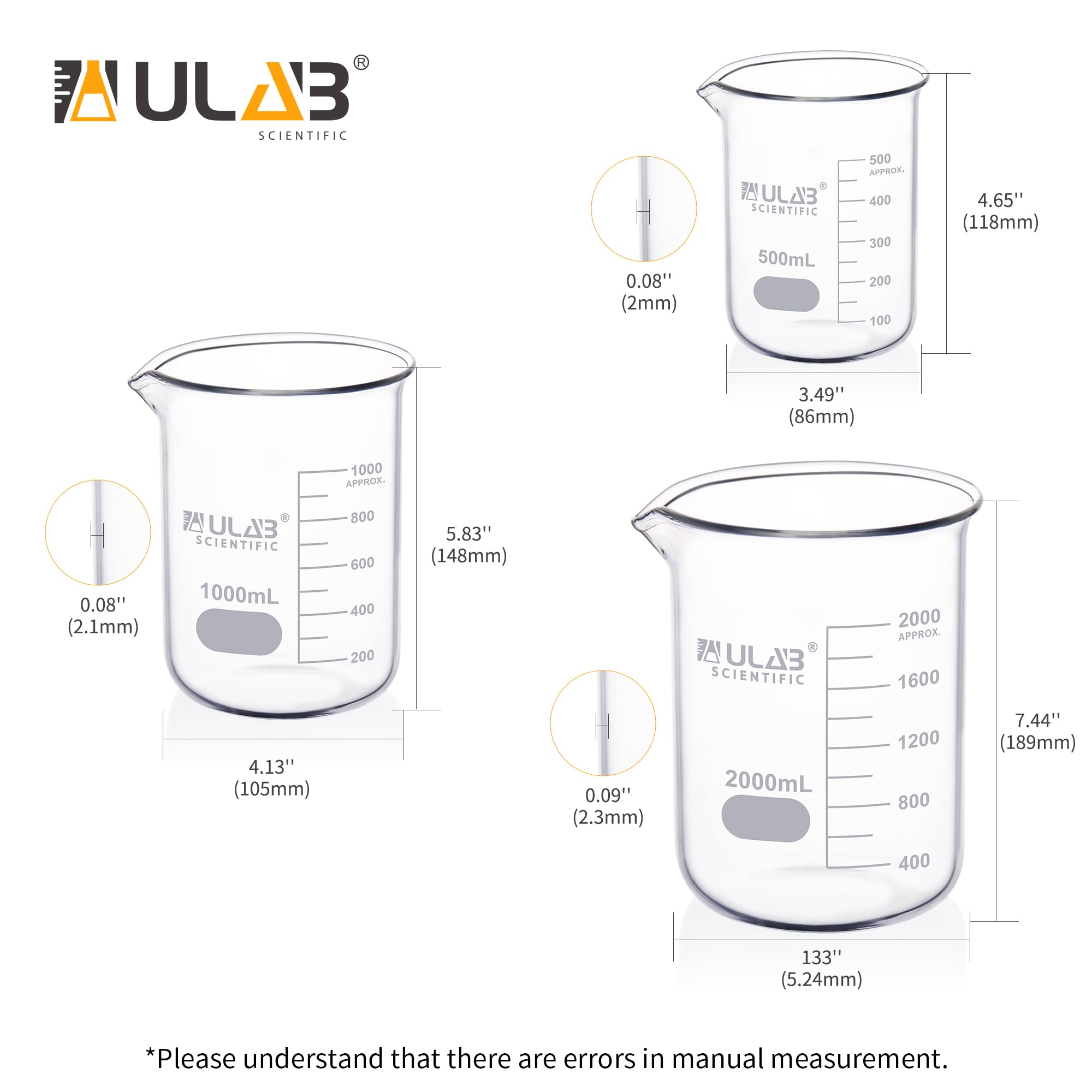 ULAB Scientific Glasbecher Set, 3 Größen von Vol. 500 ml, 1000 ml, 2000 ml, 3.3 Borosilikat Griffin, niedrige Form mit gedruckter Skala UBG1028
