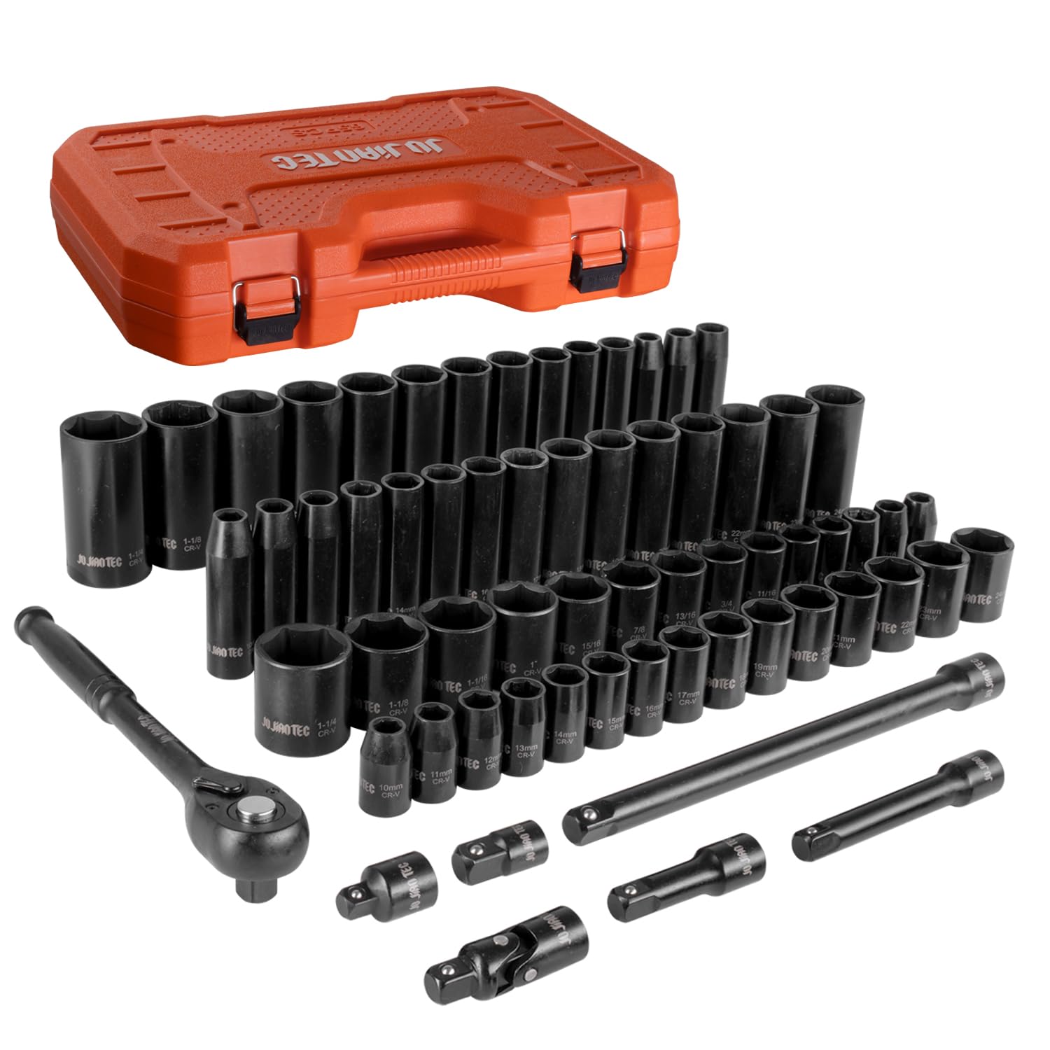 Juego de llaves de impacto de 1/2 pulgada, 65 piezas, con adaptadores y mango de trinquete, SAE estándar (3/20.3 cm-1-1/10.2 cm) y métrico (10-24 mm), kit profundo y poco profundo, acero