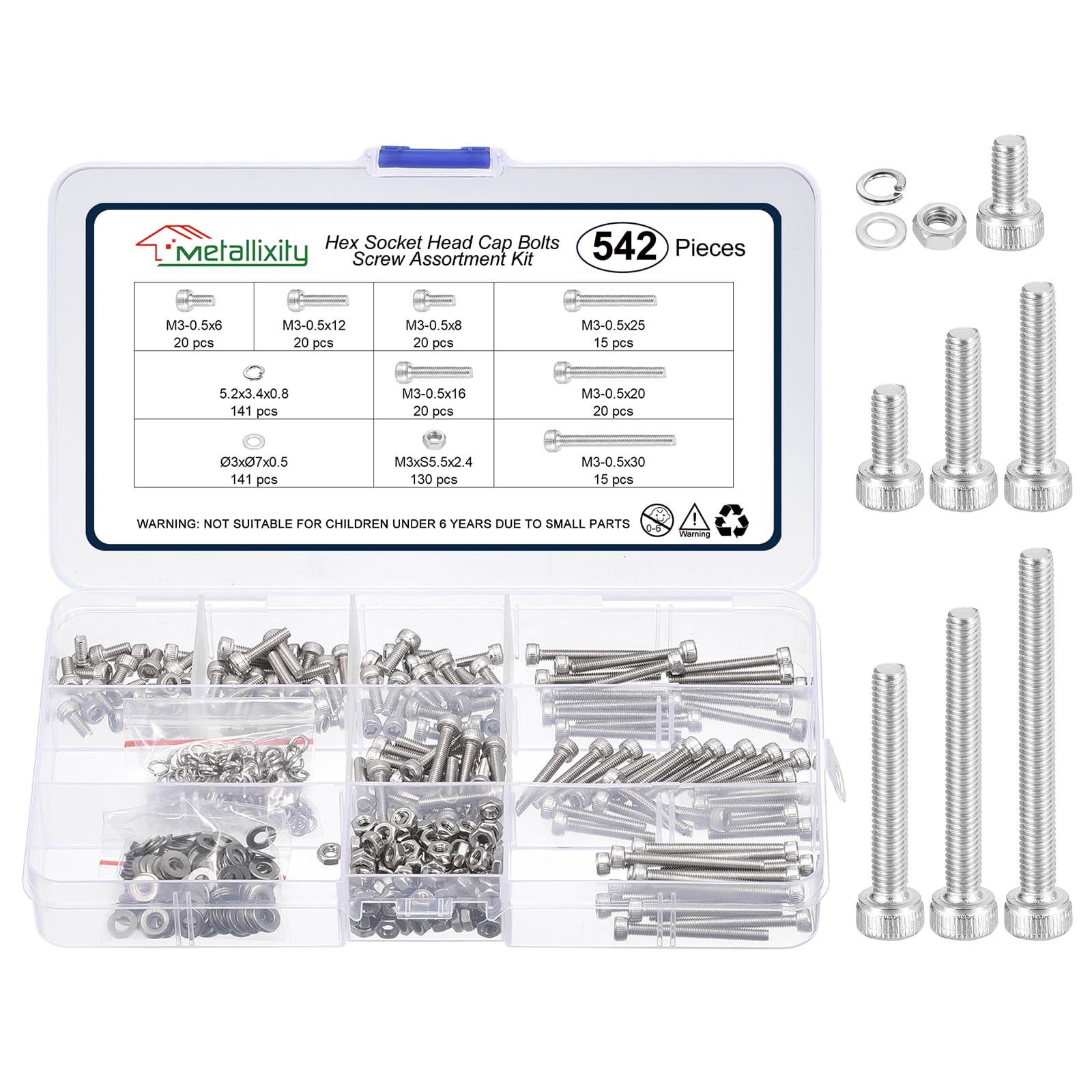 METALLIXITY Socket Head Cap Screws Kit (M3x6/8/12/16/20/25/30) 542Pcs, Stainless Steel Allen Socket Drive - Machine Internal Hex Screw, Silver โ image 1