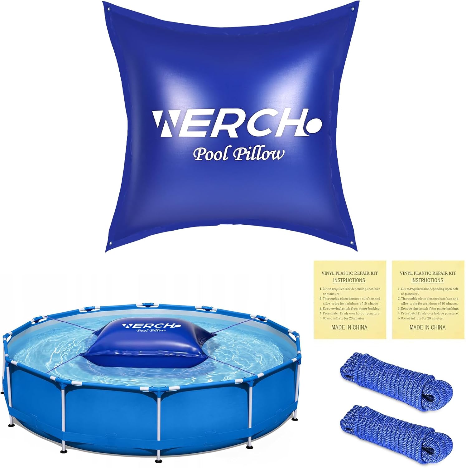 Pool Pillow for Above Ground Pool, 4 x 4 FT Pool Pillow for Winterizing Ultra Thick & Cold-Resistant 0.5mm PVC Material Pools Winterizing Kit（2x16FT Rope）
