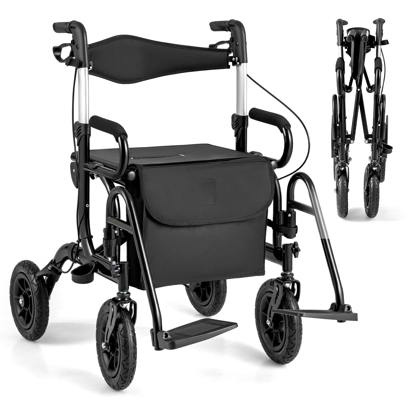 HOMASIS Deambulatori a 4 Ruote Pieghevole, Leggero/Facile da Piegare/Sedile Regolabile in Altezza, Rollator Deambulatore, Ausili per la Deambulazione per Disabili, Anziani (Nero)
