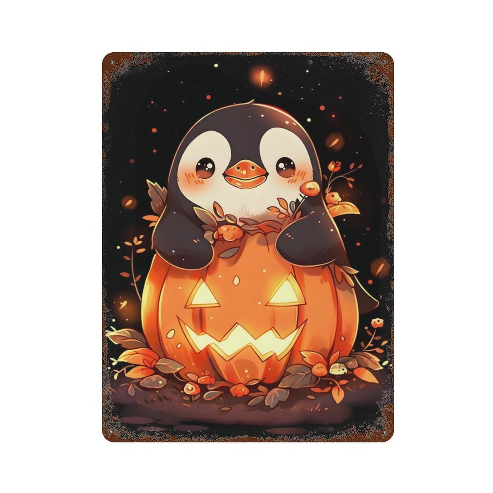 Penguin Pumpkin Rusty Metal Tin Sign 15.7"x11.8", for Basement, Hobby Room And Garage Decor, Retro Wall Decor