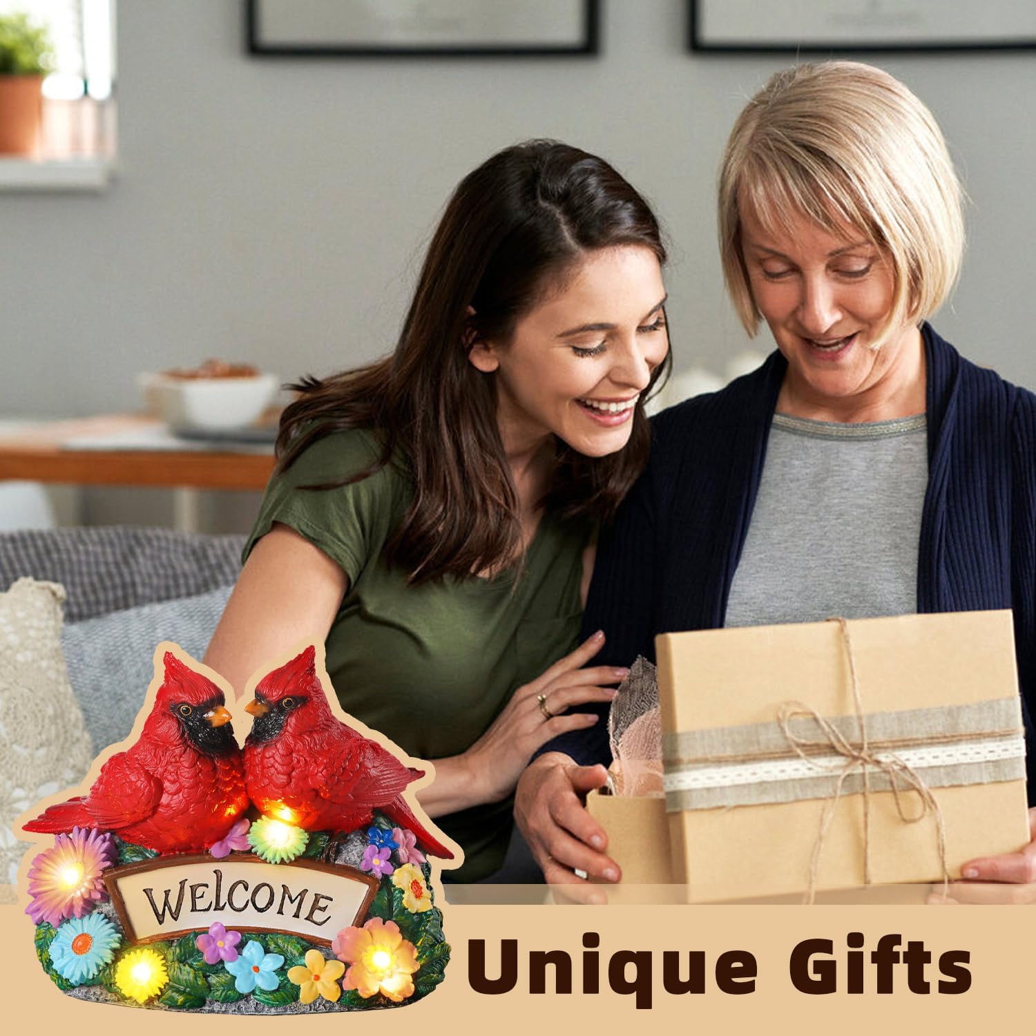 Solar Garden Statues 5.3" Couple Red Cardinal Figurines with Welcome Sign Waterproof Flower Garden Decor LED Lights for Outdoor Yard Patio Lawn Gifts for Mother Grandma Wife Sister Women - Image 3