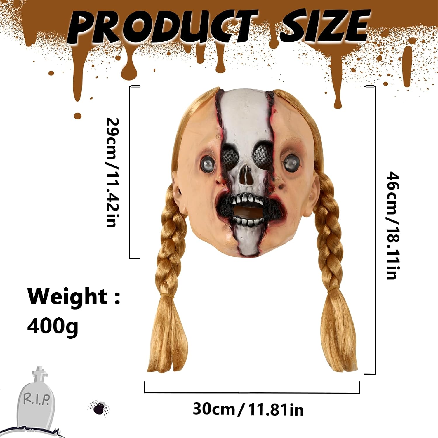 Kuberas Scary Skull Mask Realistic Skeleton Creepy Scream Doll Mask with Wig Halloween Cosplay Party Costume Props Adults