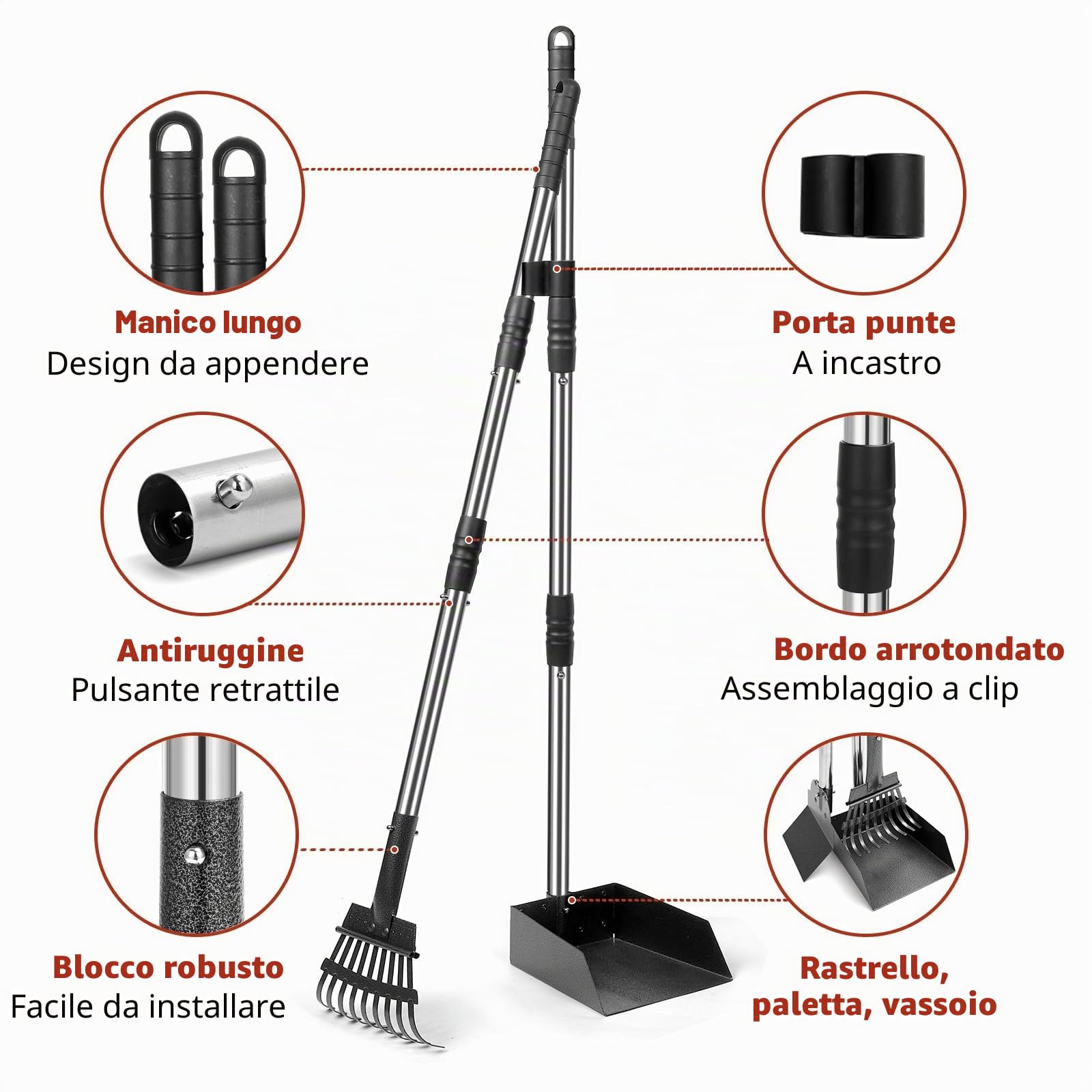 Raccogli Cacca Cane con Manico Lungo da 96 cm – Set con rastrello e Vassoio in Metallo Staccabili – per Cani Grandi, Medi e Piccoli – Ideale per Giardino, Erba, Terra o Ghiaia