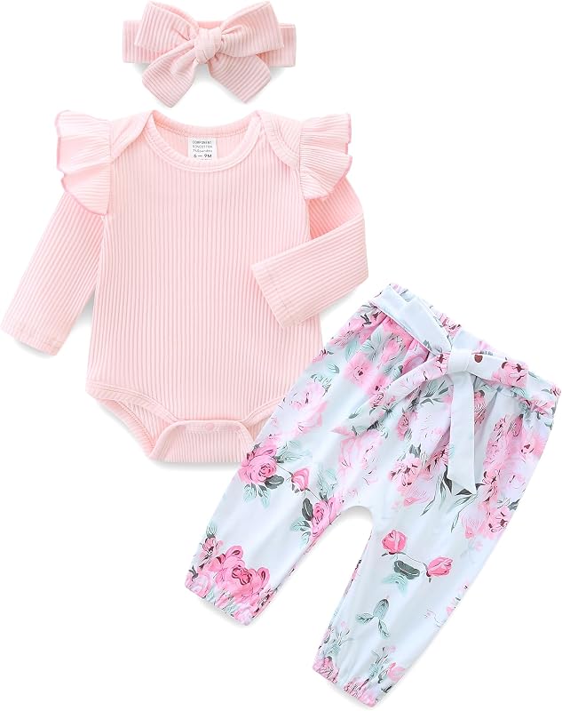 Infant Girl Clothes Long Sleeve Ruffle Bodysuit Floral Pants Bow Headband Sets Fall Winter Spring Outfits
