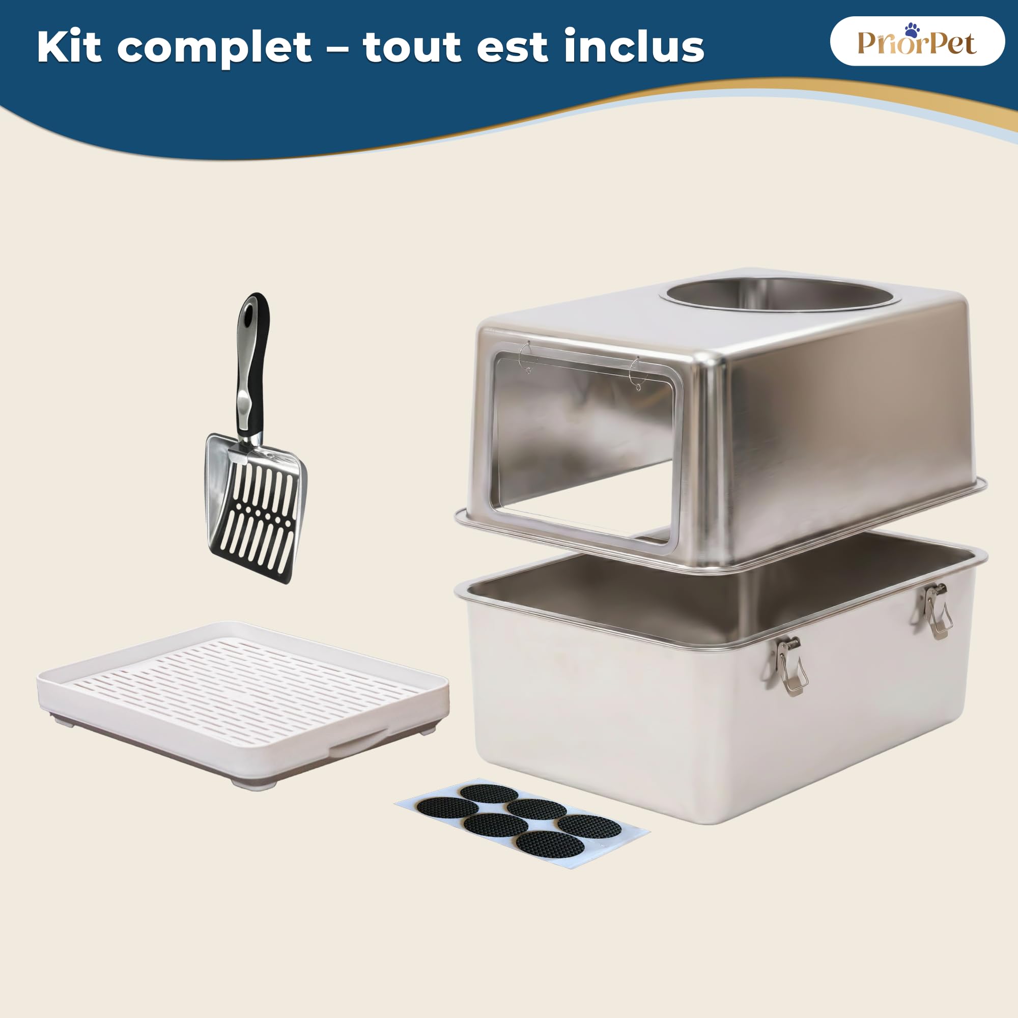 Litiere pour Chat INOX XXL – Bac litière pour Chat avec Porte Frontale & Entrée Supérieure – Grand Bac 60x41,5x40 cm – Facile à Nettoyer & Résistant aux Odeurs avec Marche Récupérateur