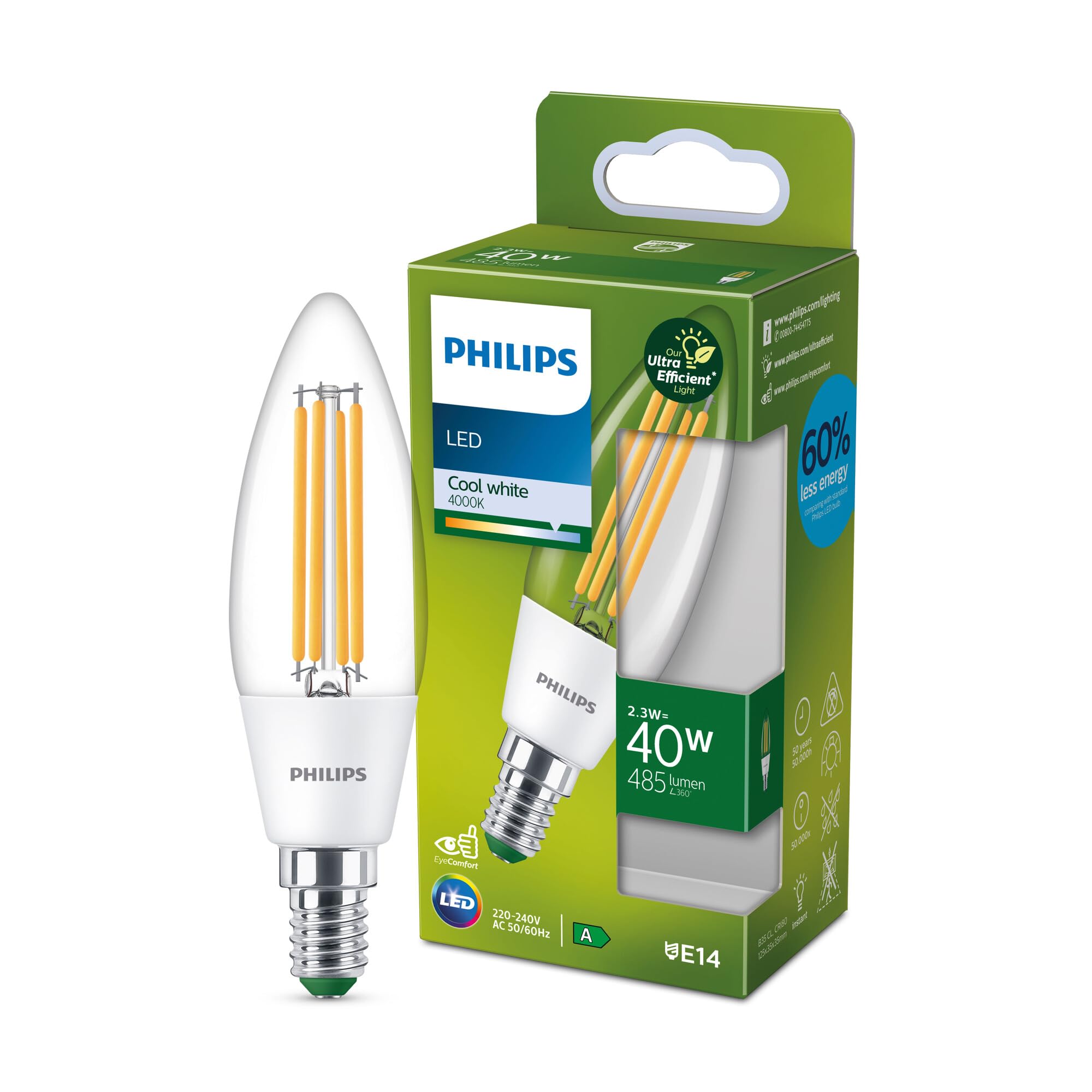 Philips Ultra Efficient - Ultra energy saving lights, LED light source, 40W, B35, E14, Candle Cool White 4000 kelvin, clear