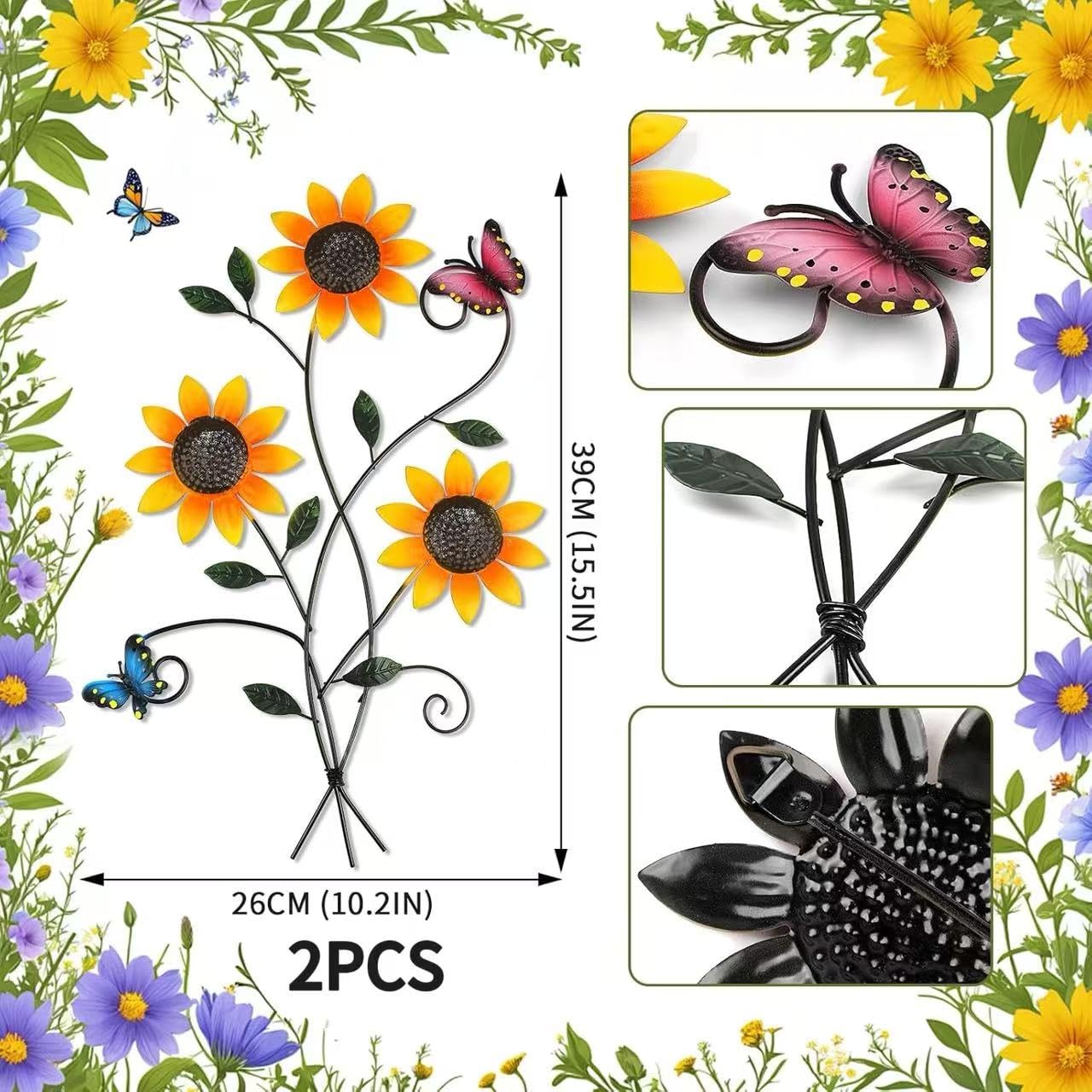 DETENE Metall Blumen Wanddeko Wanddeko aus Metall mit Schmetterlingen Floral Minimalist Line Art für Wohnzimmer, Schlafzimmer,Outdoor, Garten Flur Balkon (Rosa)