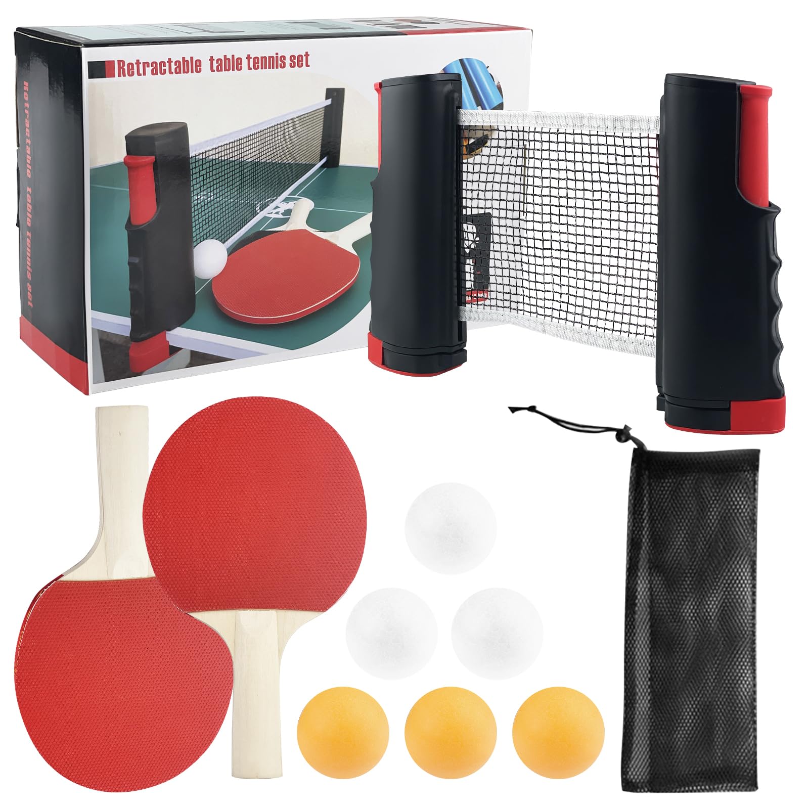 Palas Ping Pong Set, Raqueta de Tenis de Mesa, Incluye 2 Raquetas de Ping Pong, 6 Pelotas, 1 Red de Tenis Mesa Retráctil, 1 Bolsa, Uego Tenis Mesa para Principiantes y Jugadores Avanzados