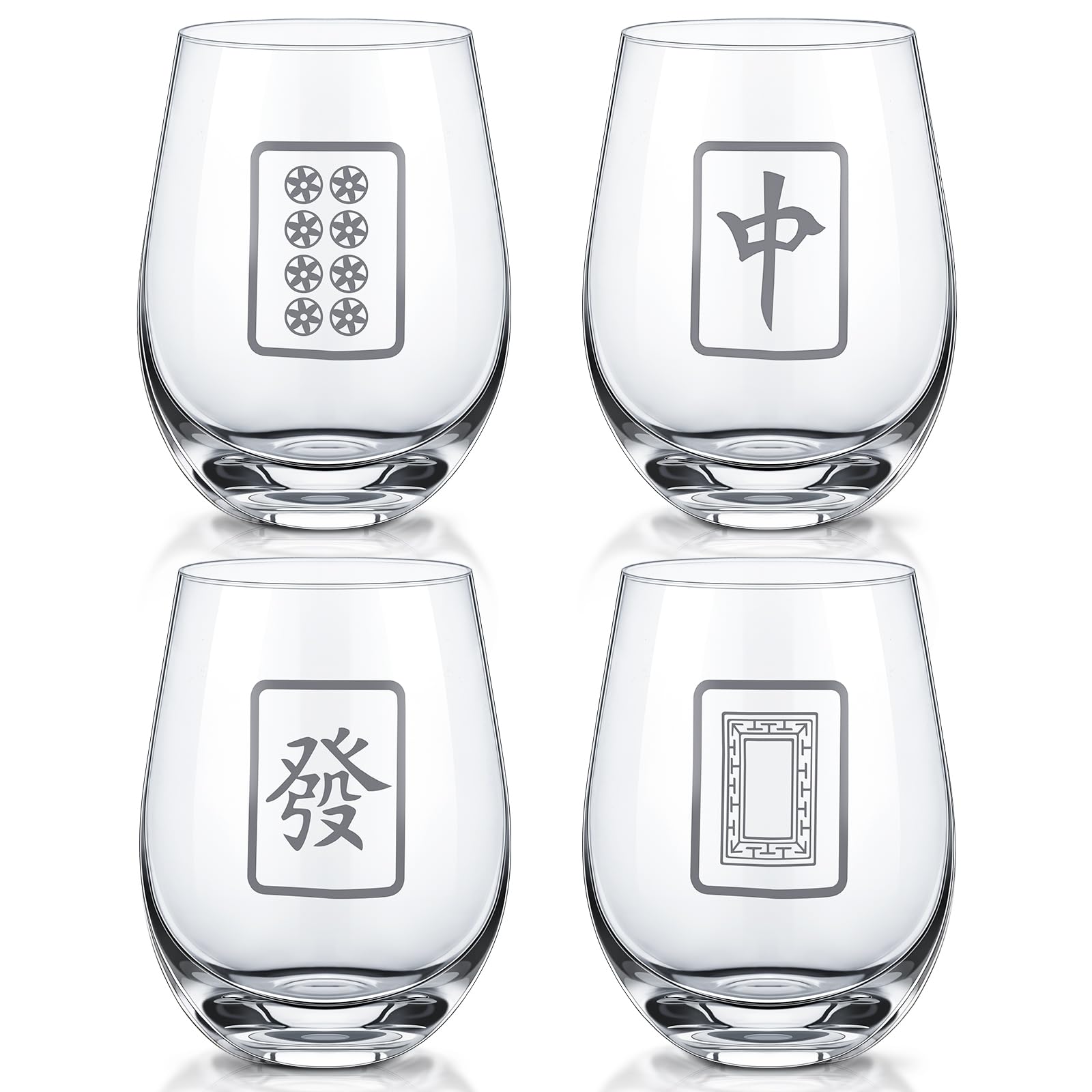 LemonRoad 4 Pcs Mahjong Wine Glasses Funny Mah Jong Party Supplies for Night, Gifts for Mahjong Lovers, Birthday Party Decorations & Family Play Day (Stemless Glass,17 oz)