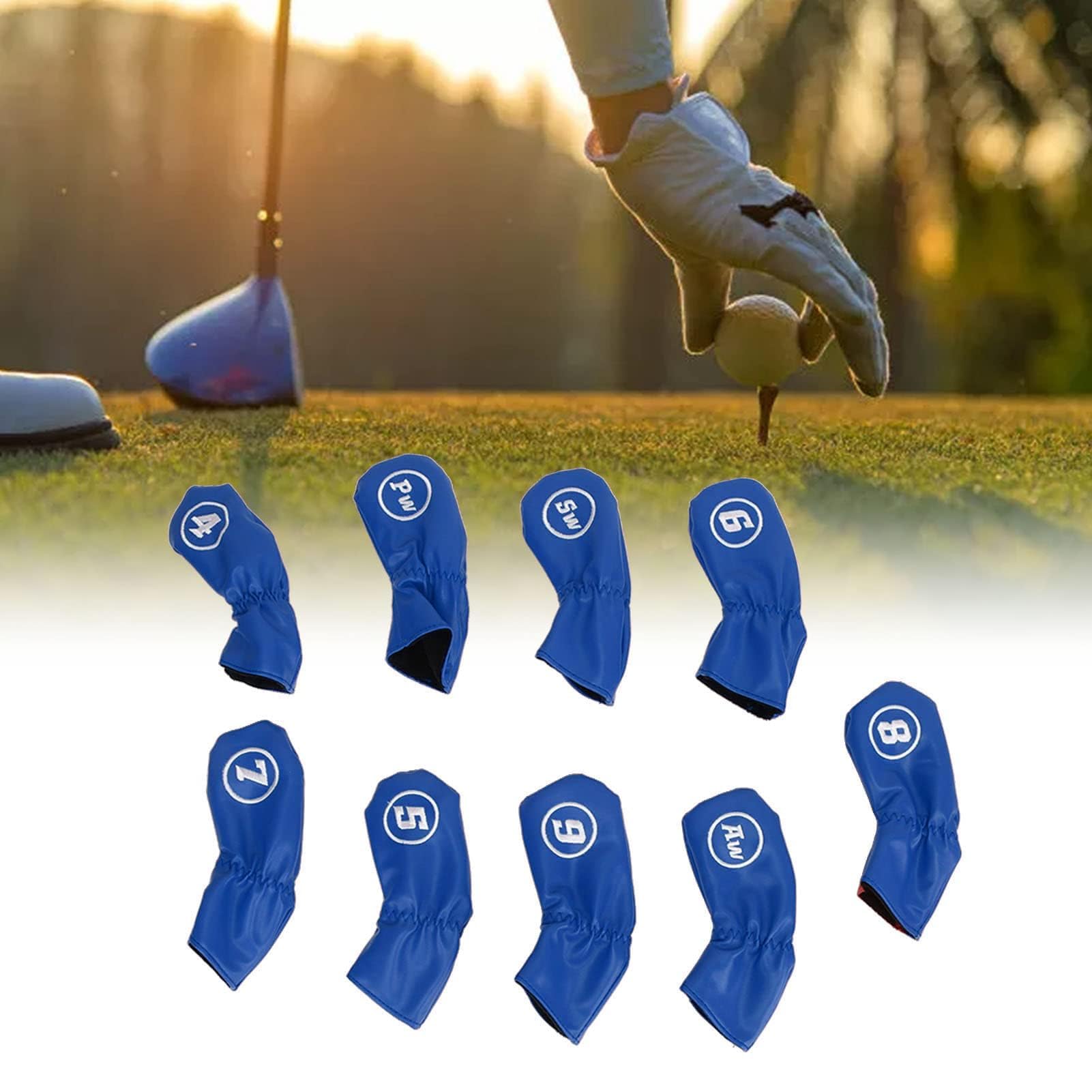 9Pcs Copricapo da Golf Club Iron Putter Head Protector Set PU Copricapo Impermeabile Per Mazza da Golf Per Gli Amanti del Golfista Mancino Destro(Blu)