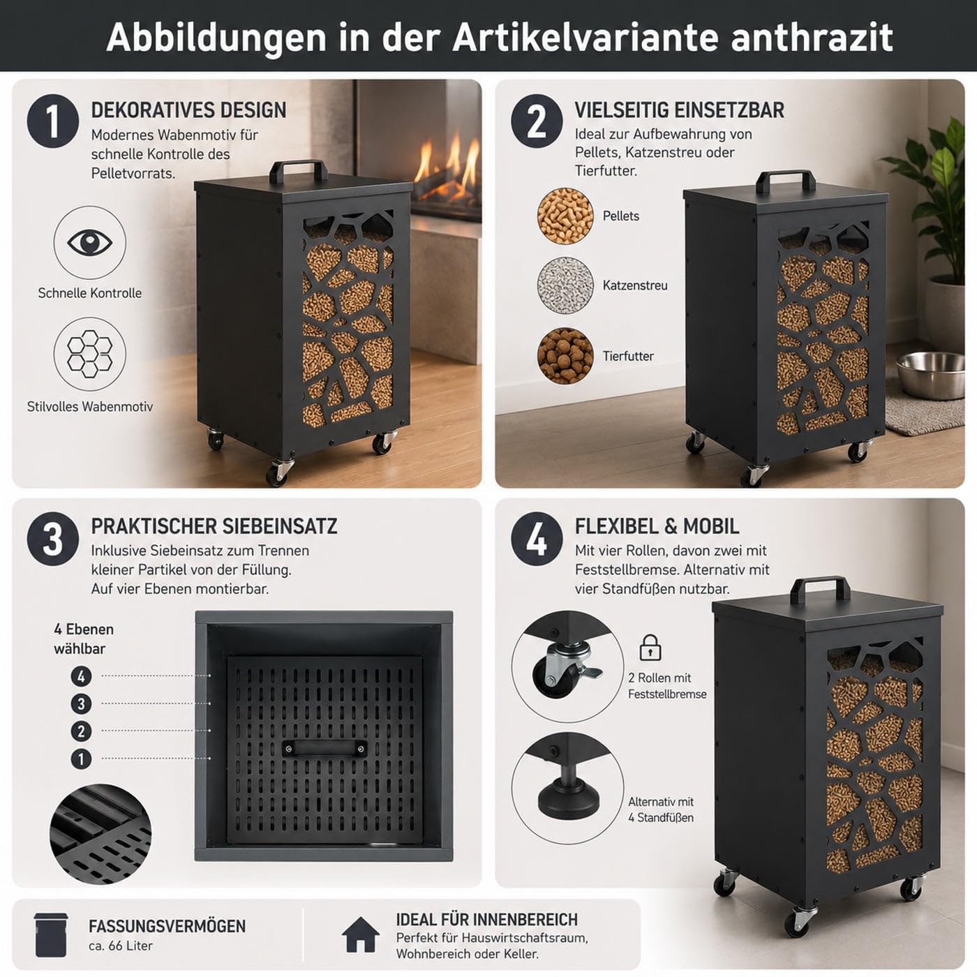 Mendler Contenitore per Pellet Nido Ape HWC-Q30 stoccaggio Pellet, con setaccio Filtro e rotelle 64x36x36cm - Bianco Grigio