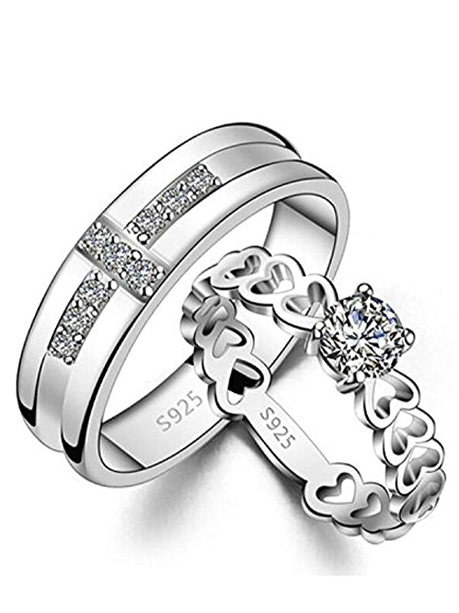 Bohey by KARATCART Designer Silver-Tone Solitaire American Diamond Couple Ring Set-picture-26