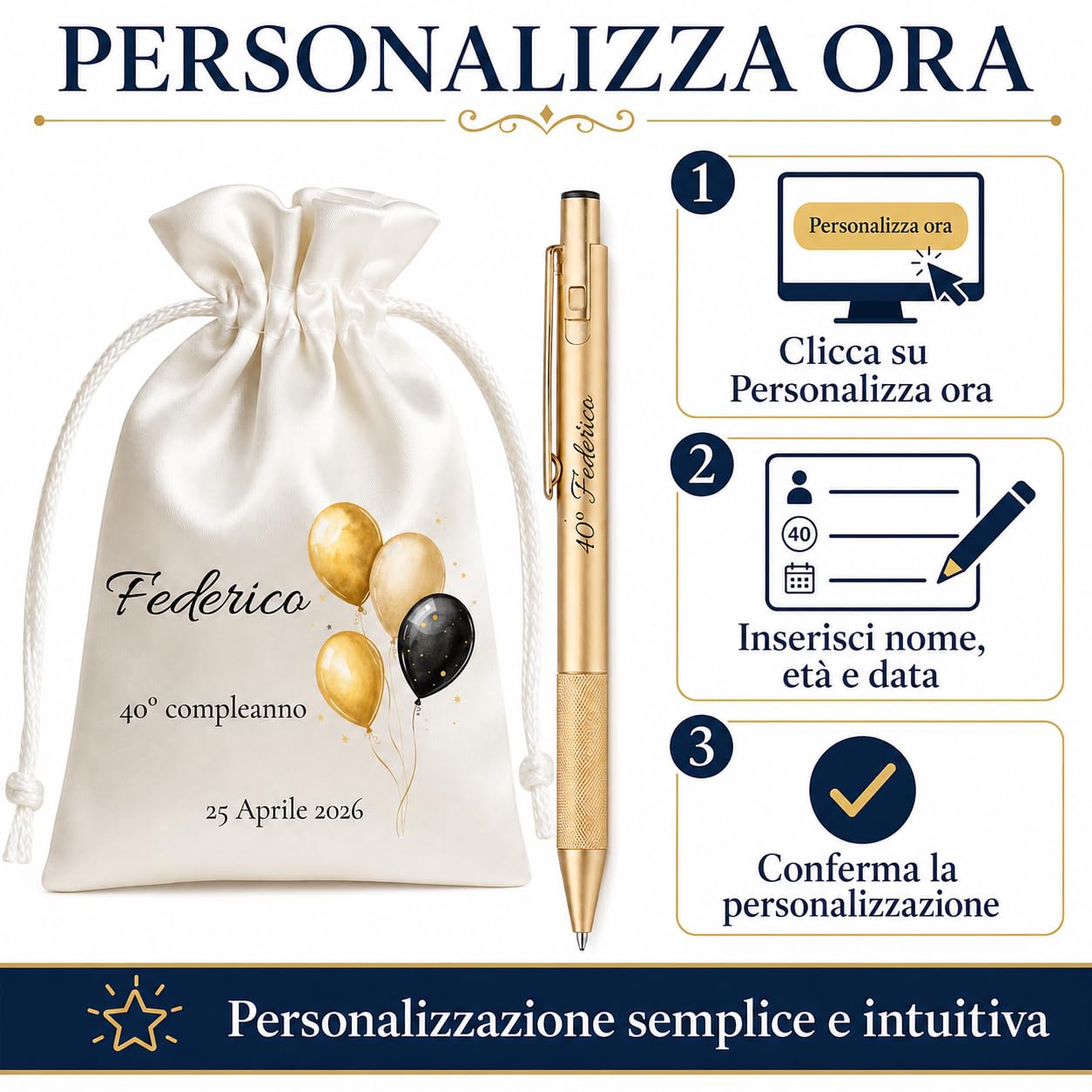 Cormar Kit 12 Sacchetti e 12 Penne Personalizzati Compleanno (STILE 1) | Venduti a Multipli di 12, Pronti da Regalare, Palloncini Oro e Nero, Sacchetto in Raso, Penna Dorata Inclusa