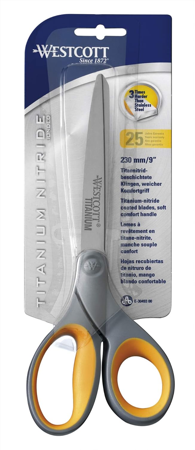 Westcott E-30493 00 Softgrip Scissors 11 cm Titanium Nitride Stainless Steel Blades Grey/Yellow 23 cm