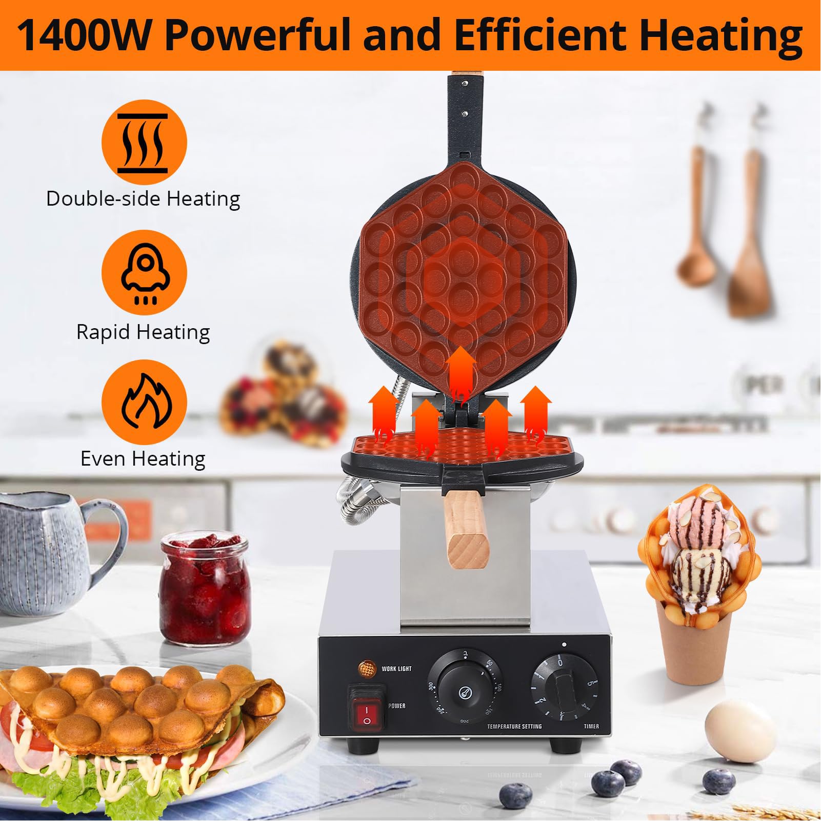 Bubble Waffle Maker de Estilo de Hong Kong 1400W/2800W,Sarten Gofres Girario Máquina de Gofres de Forma Huevo para Uso doméstico y Comercial,Single Head