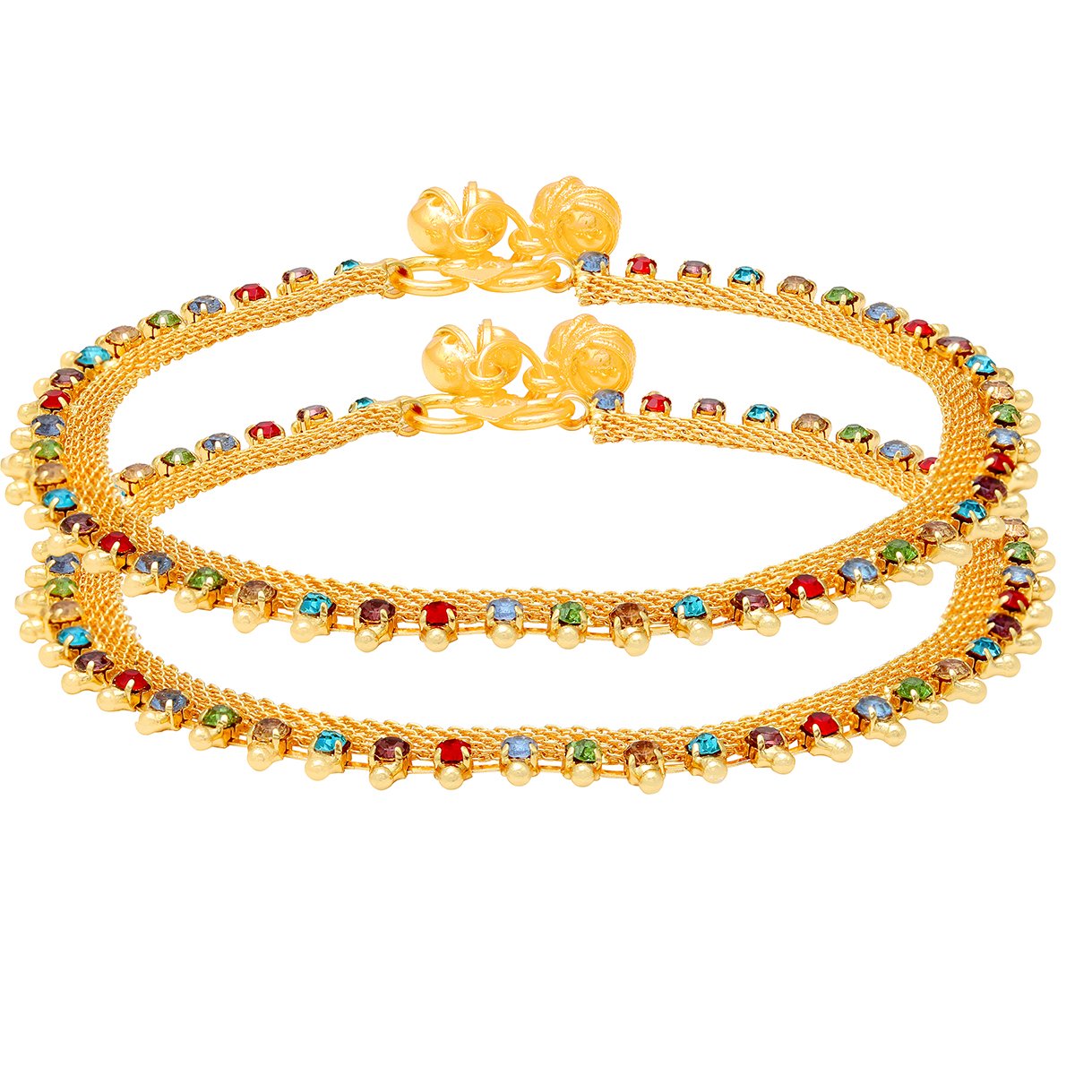 Missmister Gold plated Flat chain, Colourful CZ studded Rich payal pajeb Ghungroo Anklet for Women (MM2249AKRM)-image-38