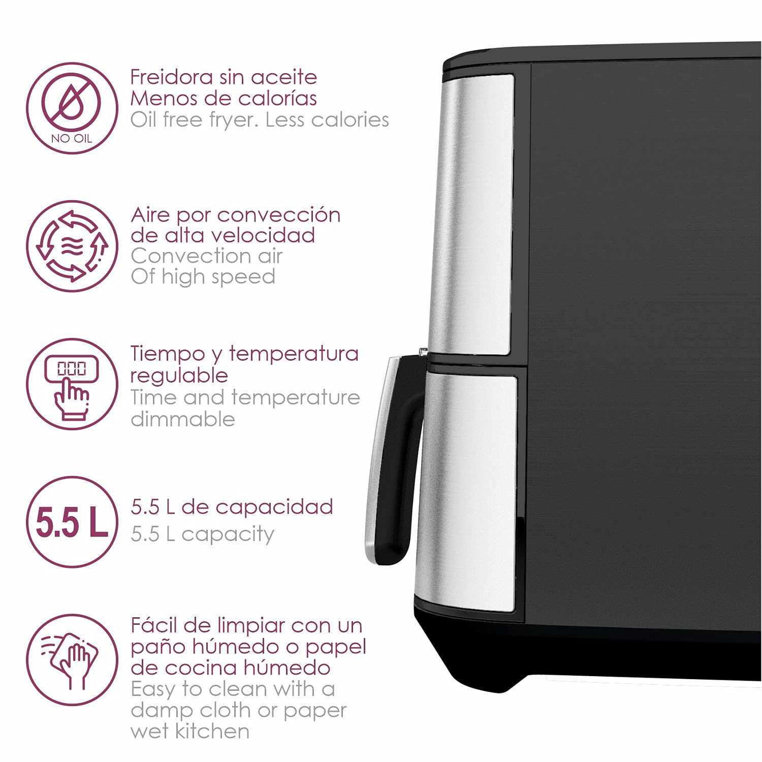 Dragon Air Fryer - Bastilipo - Freidora sin aceite 5,5L -Freidora de aire caliente con 7 programas -Con una potencia de 1800W y 60 min de temporizador - Pantalla LED - Sin BPA ni PFOA (AF-1800-0746)