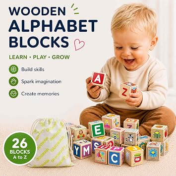 Wooden Blocks for Toddlers 1-3 - 26 Counting ABC Learning Baby Blocks