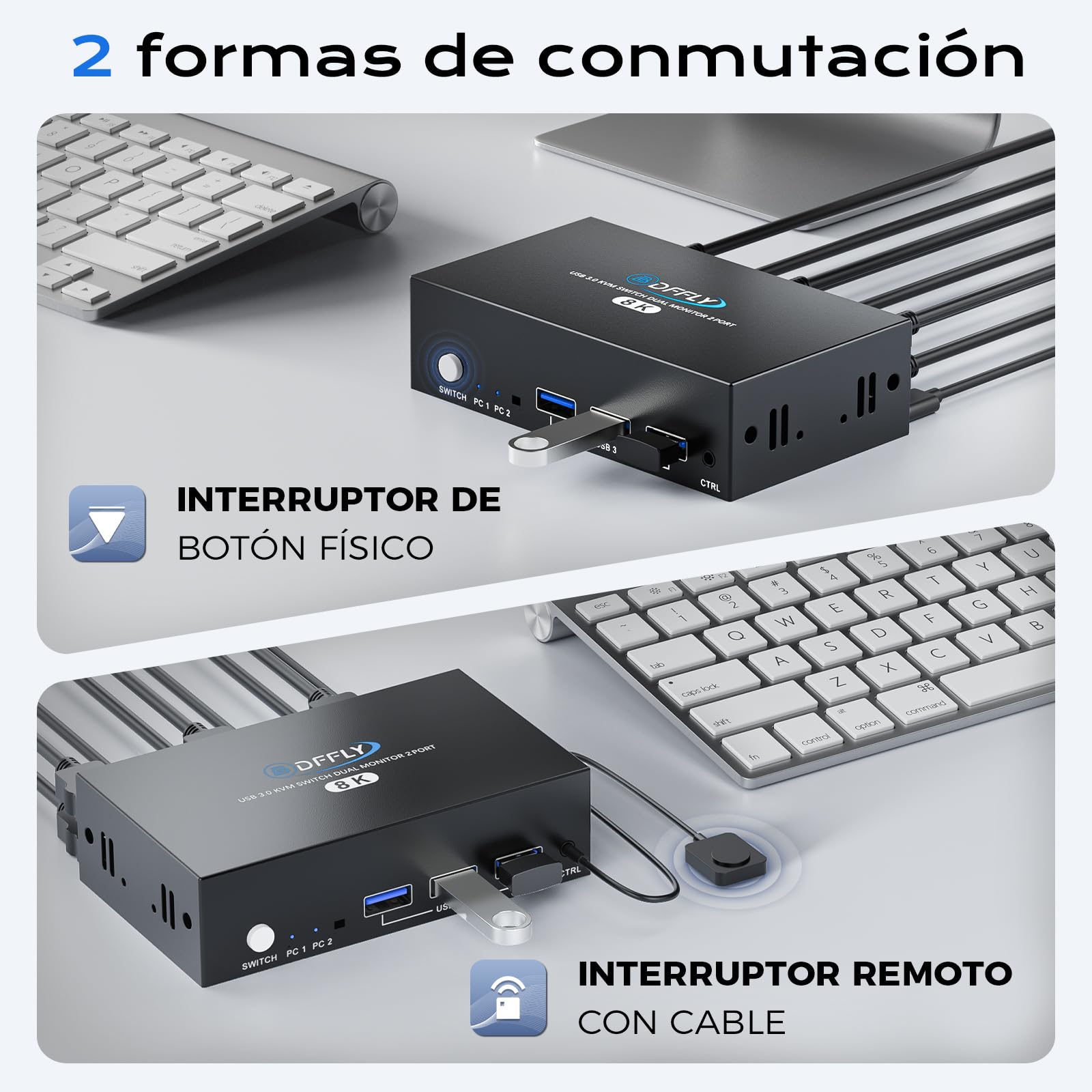 USB 3.0 KVM Switch 2 Monitores HDMI+Displayport 8K@60Hz,4K@120Hz, Dual Monitor KVM Switch para 2 PC Comparte 2 Monitores y 4 Dispositivos USB3.0. Control Remoto con Cable y 3 Cables Incluidos