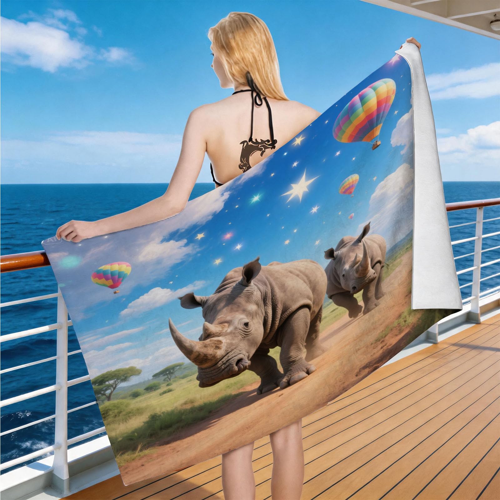 Hongduo Microfiber Quick Dry Beach Towel African Rhinoceros, 3D Hot Air Balloon Beach Towels Absorbent Fast Drying Bath Towels, Travel Camping Gym Swimming Bathroom (80x160cm)
