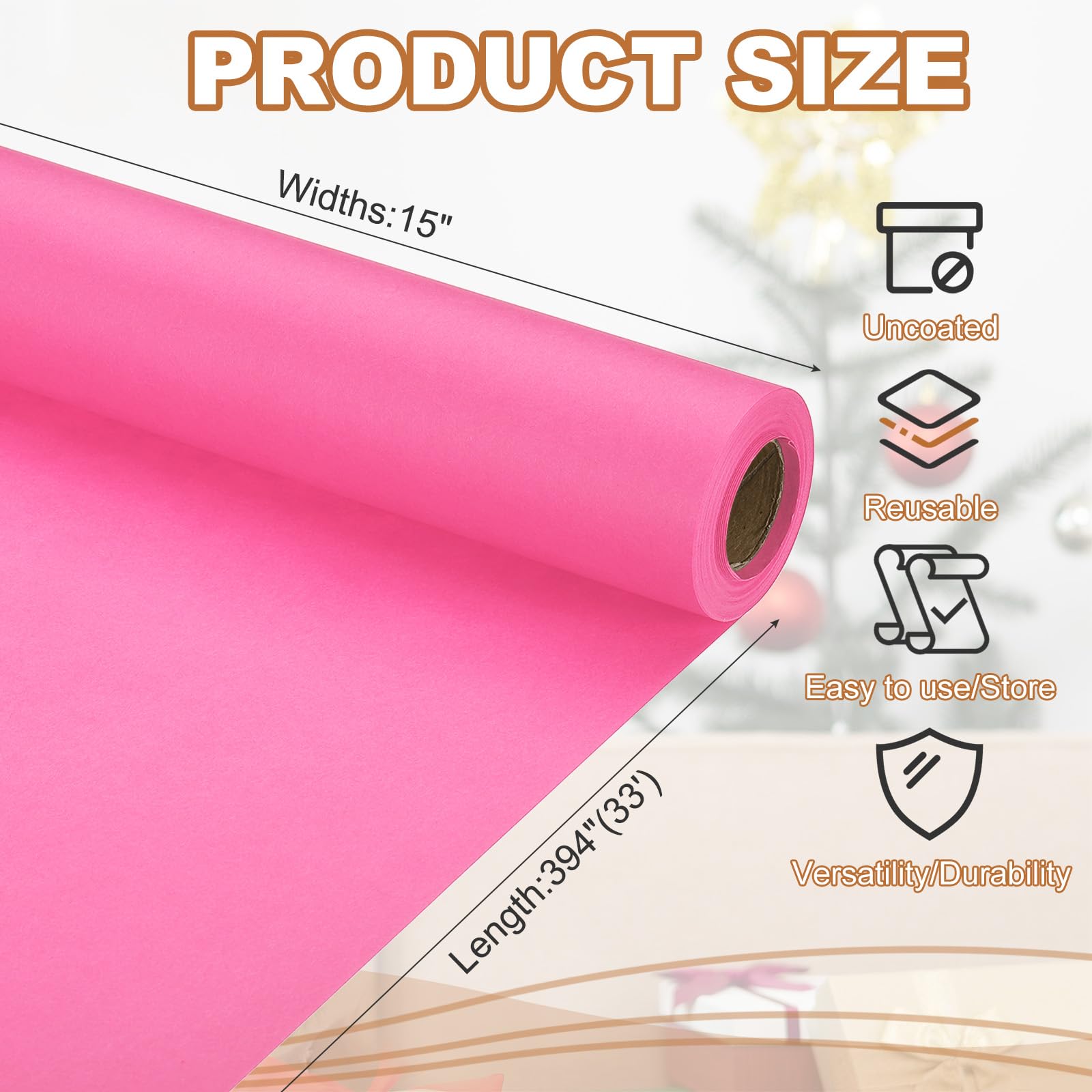 PATIKIL Wrapping Paper, 15" x 394"(33') 70 GSM Craft Paper Roll Kraft Packing Paper for Poster Bulletin Board Gift Wrapping, Pink - Image 2