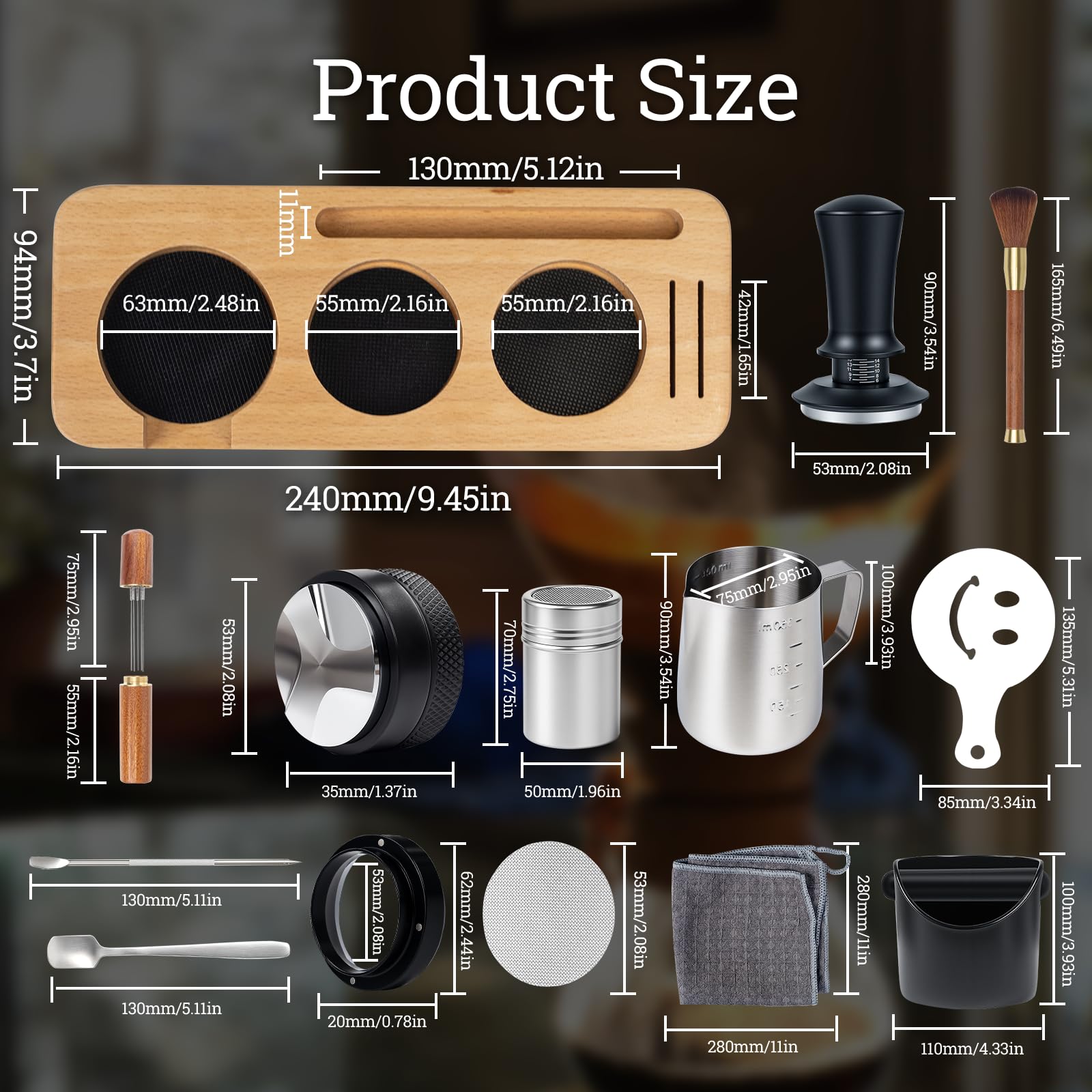 Espresso-Zubehör-Set, 54 mm, inklusive Holzstation, Verteiler, Klopfbox, Rührer, Dosiertrichter, Bürste, Pucksieb, Aufschäumkrug, Puderring, Handtuch, dekorative Schablonen, 29-teiliges Set