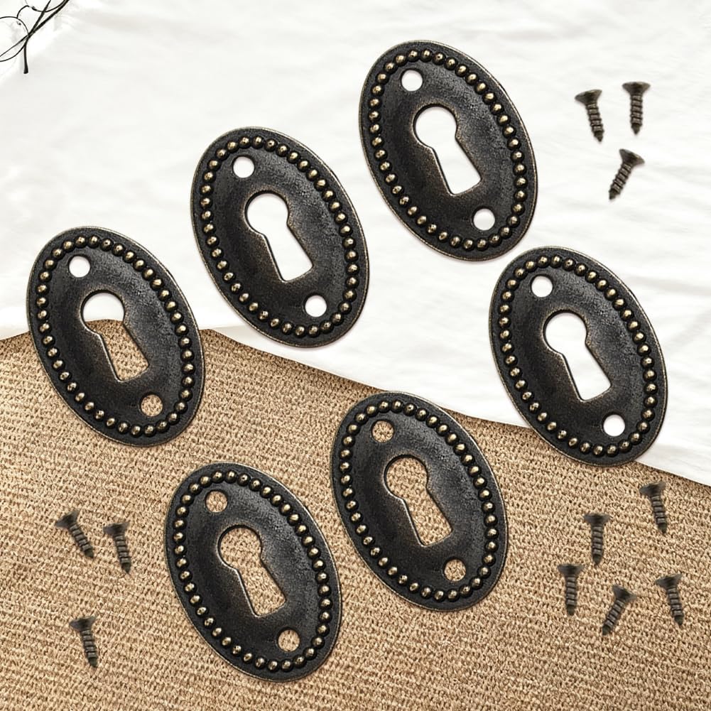 CREATCABIN 10 Pcs Oval Keyhole Cover Zinc Alloy Decorative Keyhole Escutcheon Plate Antique Bronze Vintage Corner Lock Covers with Screws for Cabinet Door Dresser Drawer Desk Jewelry Box 1.44 x 0.94in