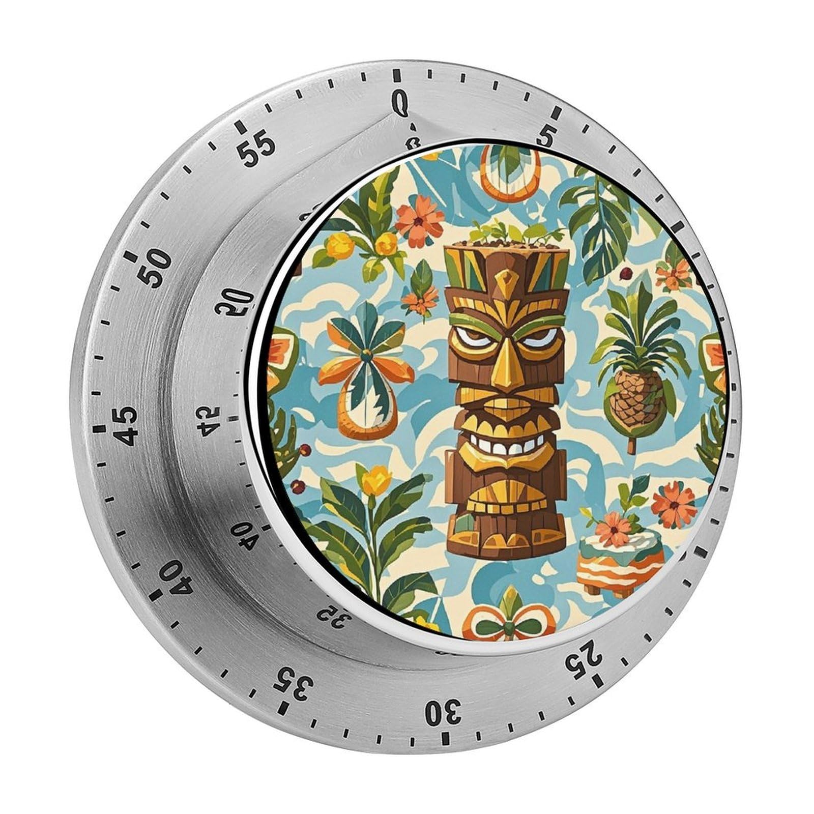 Vintage Aloha Tiki Pattern Mechanical Kitchen Timer 60 Minute Wind Up Magnetic Timer Heavy Duty Stainless Steel Egg with Loud Alarm Manual Countdown Clock for Cooking, Office, Gym