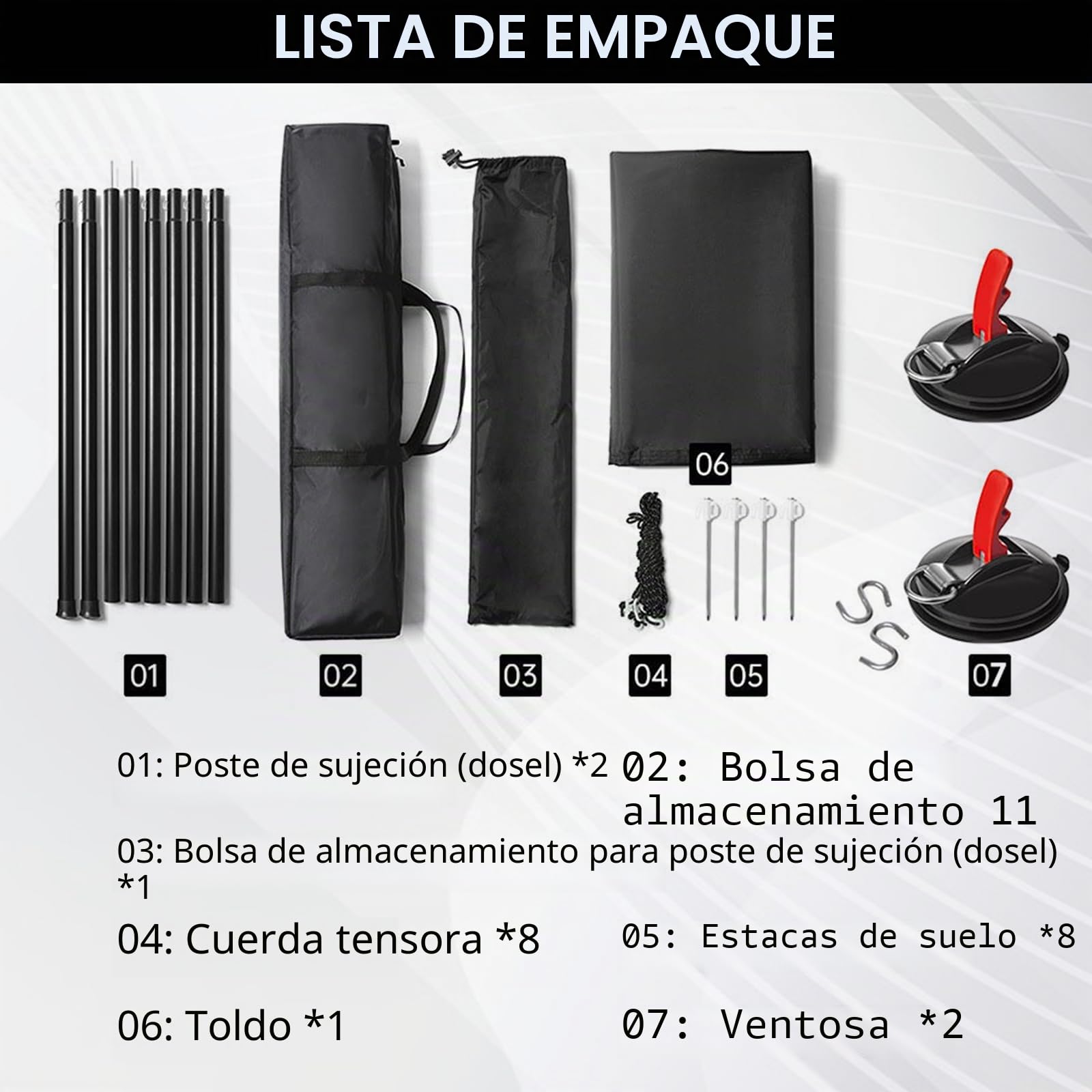 Kit de Toldos para Coche 200x300cm, con 2 Postes, 8 Cuerdas de Amarre, 8 Estacas, 2 Ventosas, Bolsa de Almacenaje y Saco de Transporte, UPF50+, PU3000+ Impermeable, para Aventuras Off-Road (Negro)
