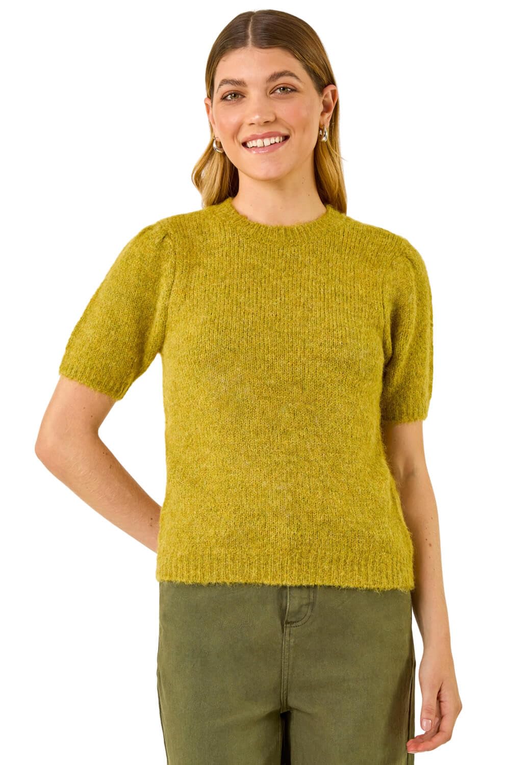 Roman Originals Short Sleeve Soft Knit Top for Women UK - Ladies Everyday Autumn Winter Round Neckline Comfy Soft Evening Vacation Work Party Night Out - Green - Size 20