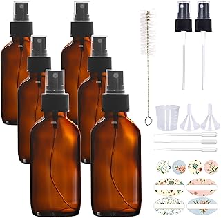 6 Pack, HWASHIN 4 oz Amber Glass Spray Bottles with Black Fine Mist Sprayers for Essential Oils, Cleaning Products & Aromatherapy (Brush, Funnels, Droppers, Labels & 30ml Measuring Cup Included)