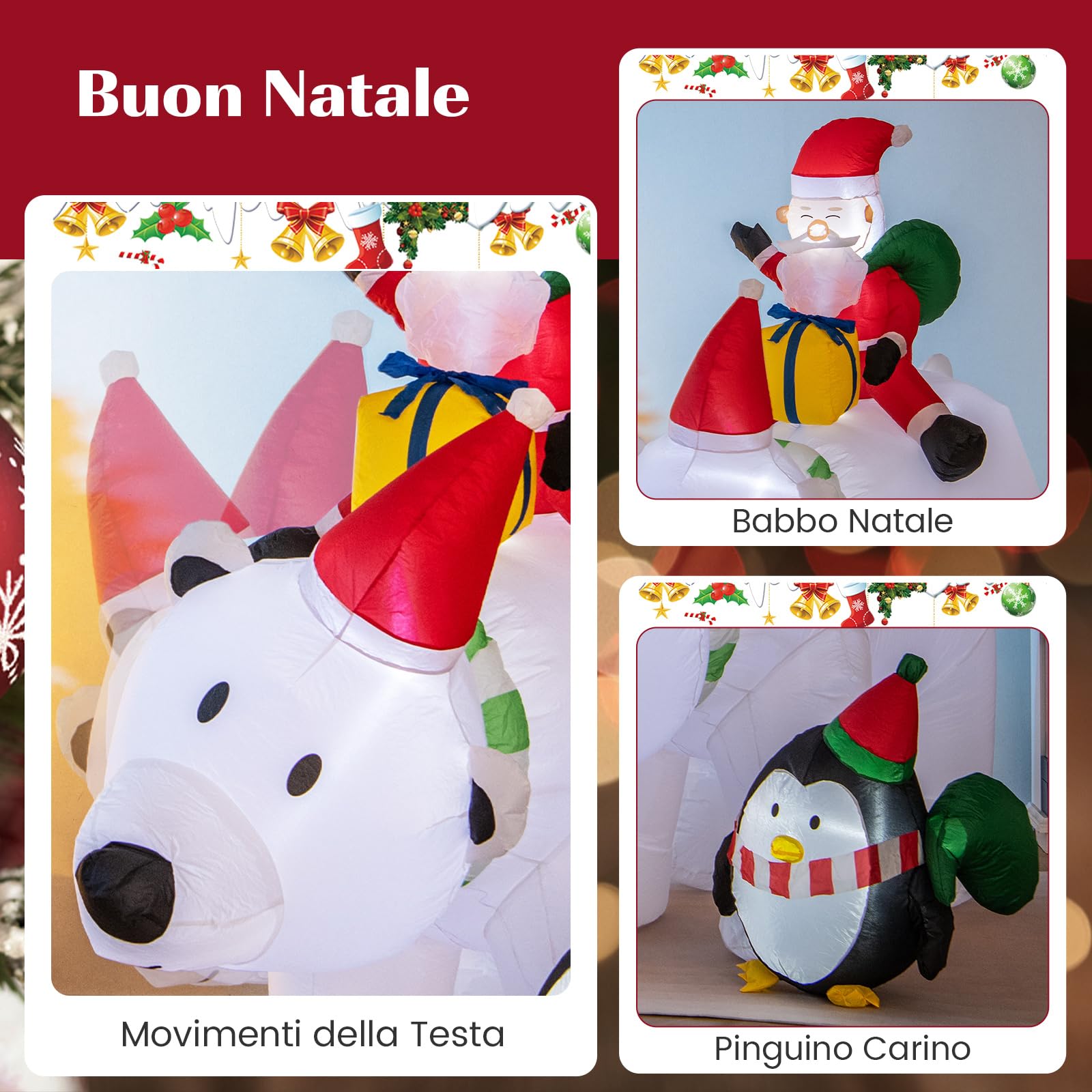 COSTWAY Decorazione Gonfiabile di Natale 210 CM, Babbo Natale Gonfiabile che Cavalca Orso Con Illuminata a LED, Funzione di Scuotimento della Testa, per Prato, Giardino e Cortile