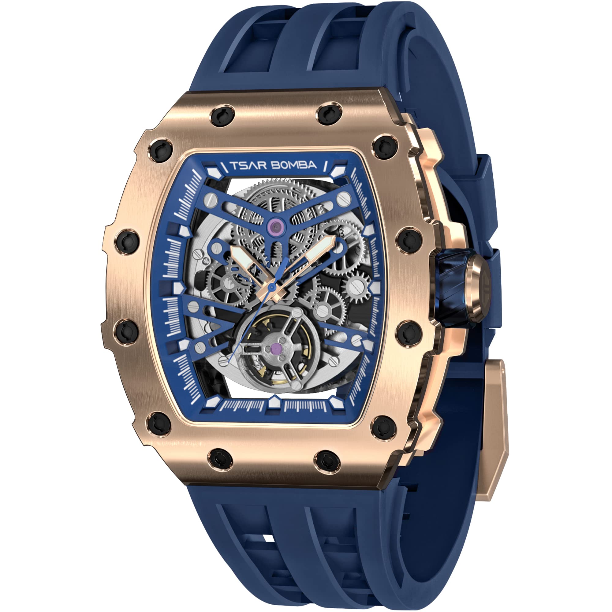 新品手表 Watch for Men, 50M Waterproof Automatic Mens Watch, Skeleton Mechanical Tonneau Big Face Dial Black Watch with Silicone Watch Bands, Gifts for Men