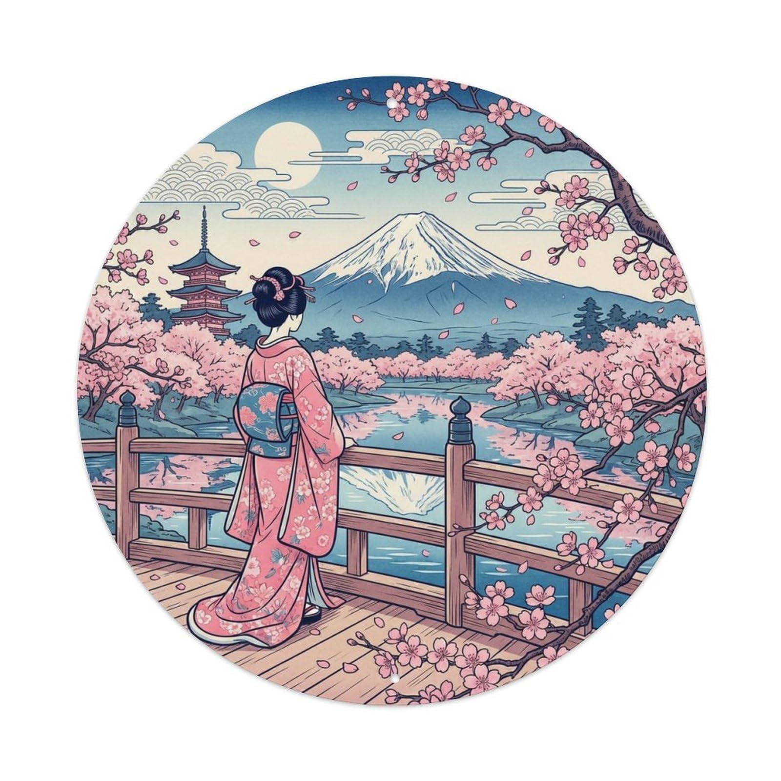 Yrnq 8X8inch Vintage Style Japanese Geisha Fuji Cherry Blossom Classic Landscape Metal Tin Sign