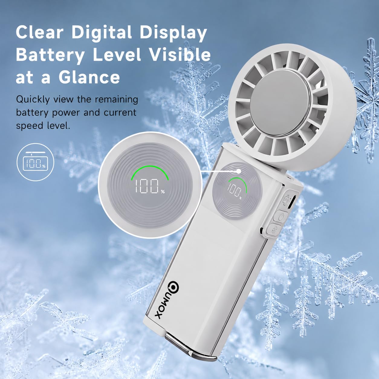 QUMOX Ventilatore Portatile con Raffreddamento a Contatto, Ventilatore Ricaricabile USB-C 100 Velocità con Piastra Fredda, Batteria 6000mAh, Display Digitale Pieghevole da Mano e da Scrivania (Bianco)