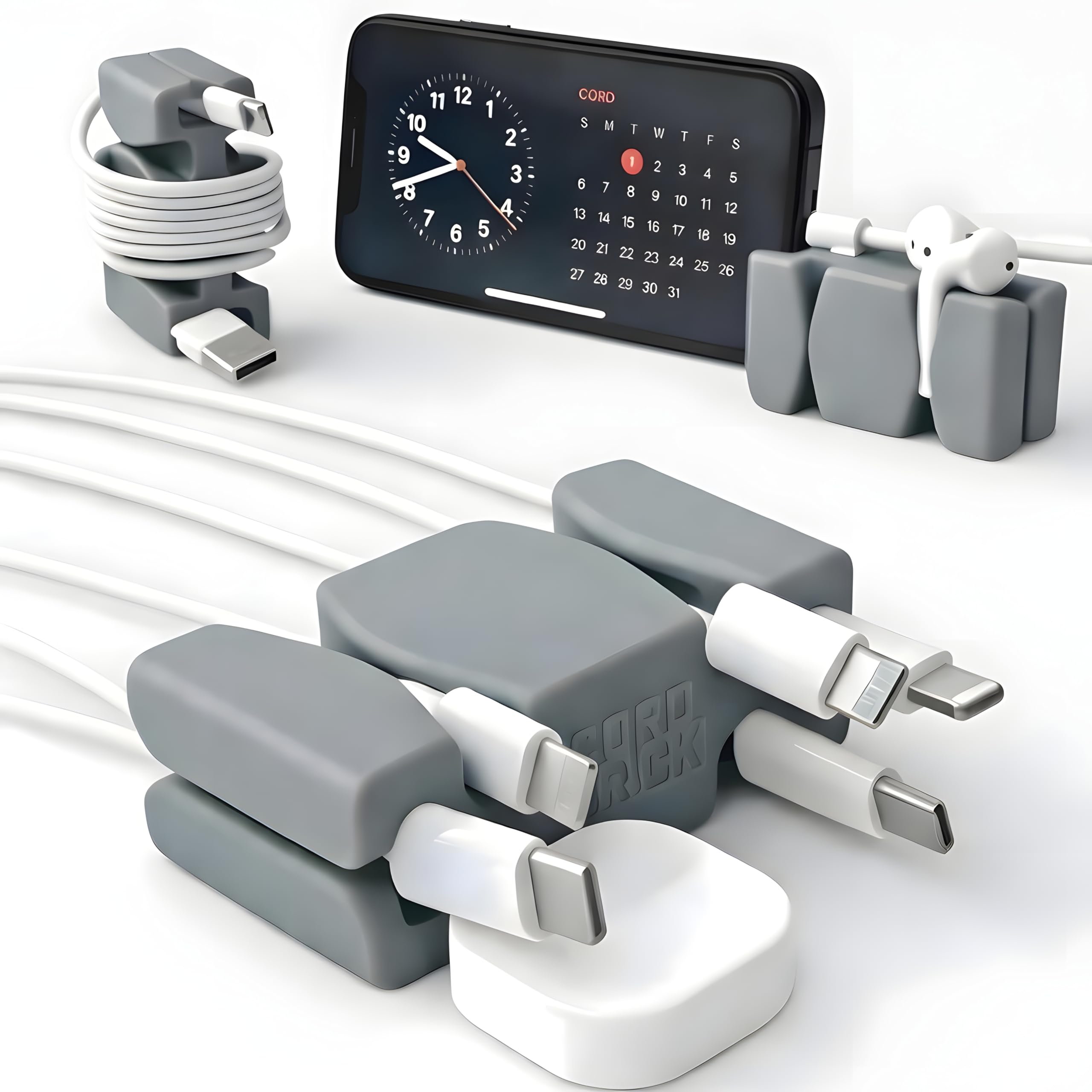 CordBrick 2PK Silicone &amp; Steel Weighted Nightstand Cord Holders. Travel Phone Charger Organizers. Useful iPhone Accessories. Small Gifts for Men, College Students. Tech Gadgets for Teens. Gray