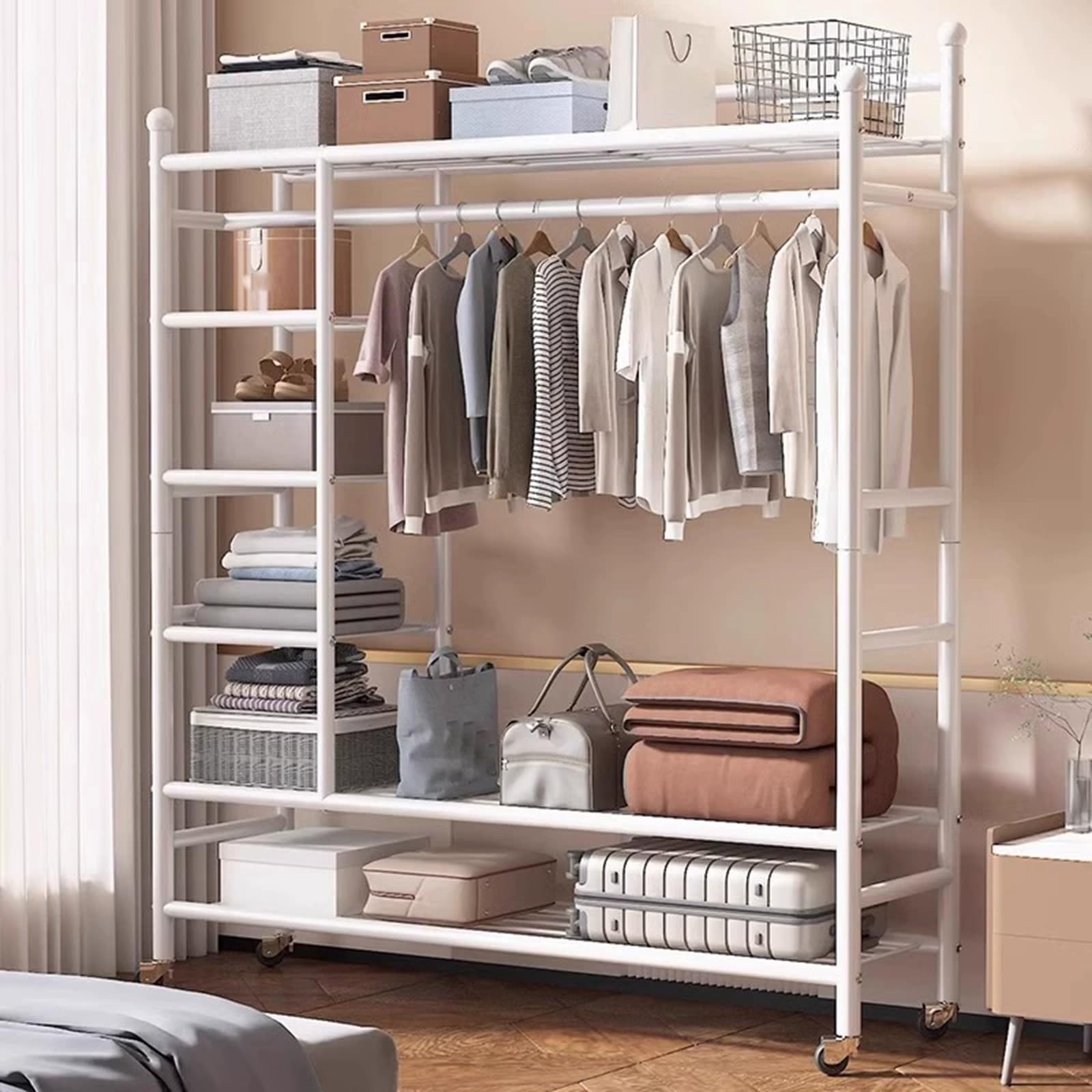 Porte-manteau autoportant blanc 140cm meuble de rangement entrée et penderie chambre