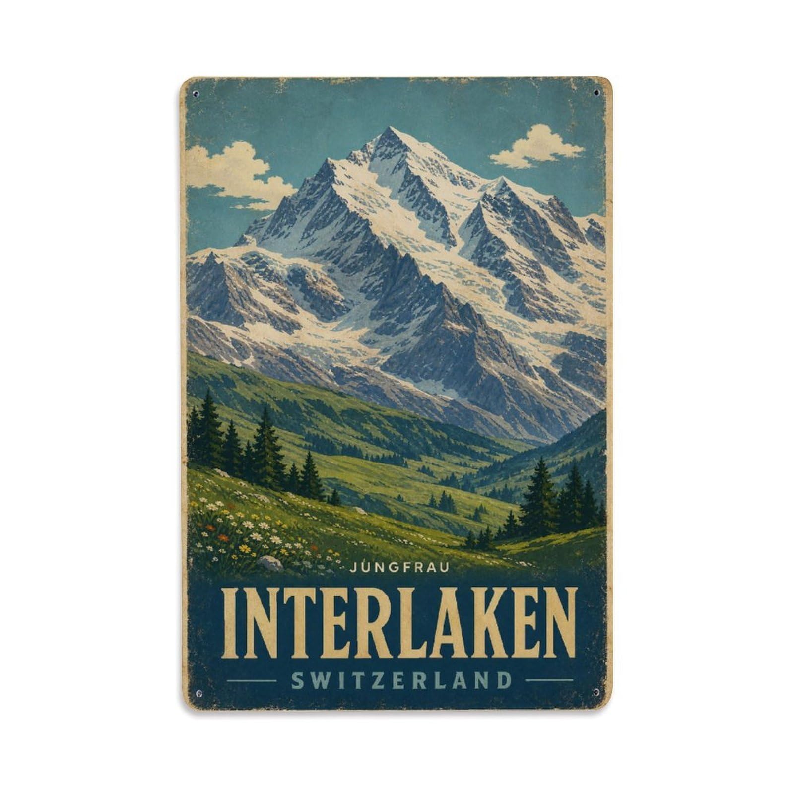 Retro Travel Switzerland Interlaken Metal Tin Sign Plaque Wall Decor for Cafe, Club Bar, Office, Garden Metal Poster 8x12Inch