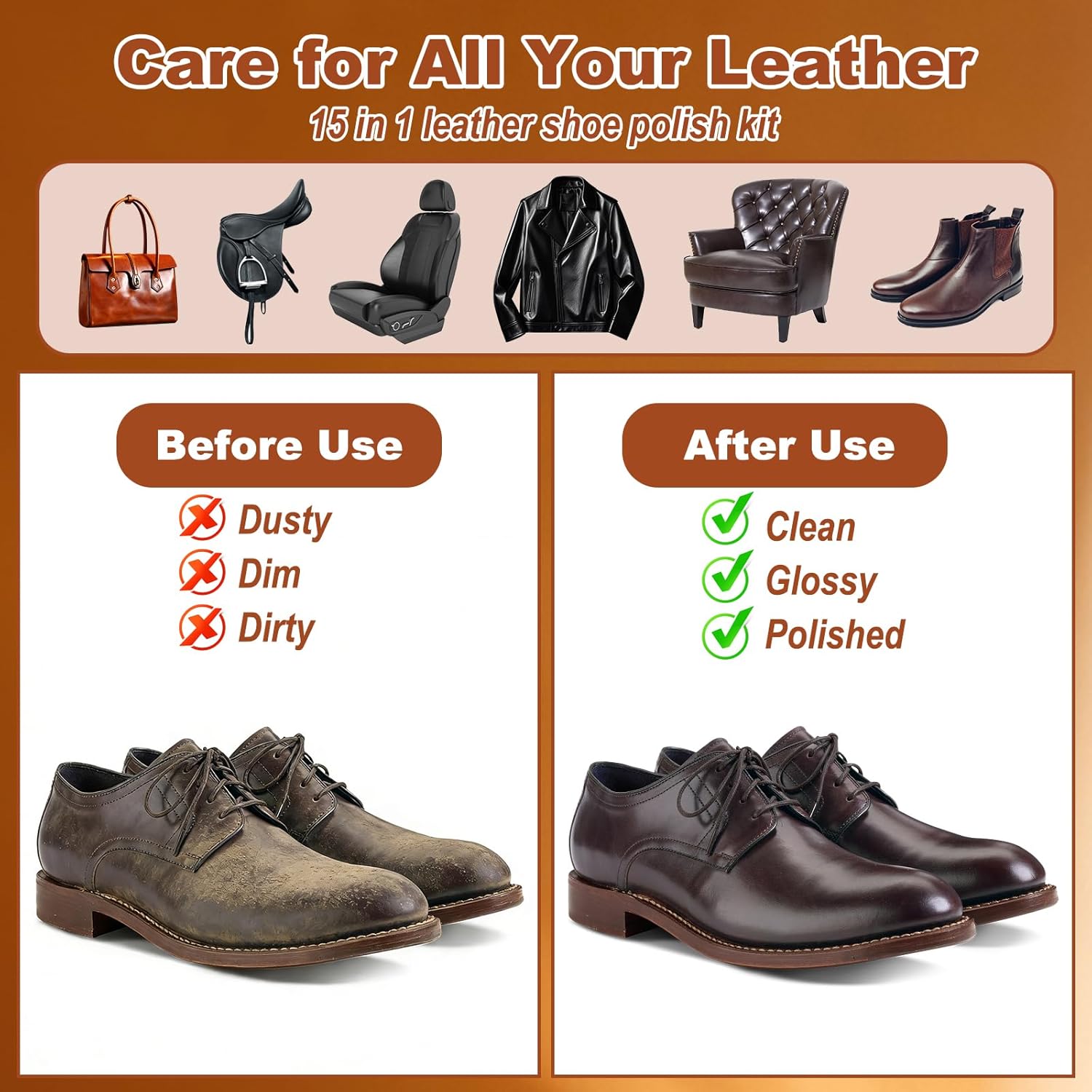 Cieex Shoe Polish Kit – 15PCS Shoe Care Kit with Black Brown Neutral Polish & Mink Oil, 3 Horsehair Brushes, Shoe Shine Kit for Leather Shoes & Boots with Travel Leather Bag – Gift for Men & Women